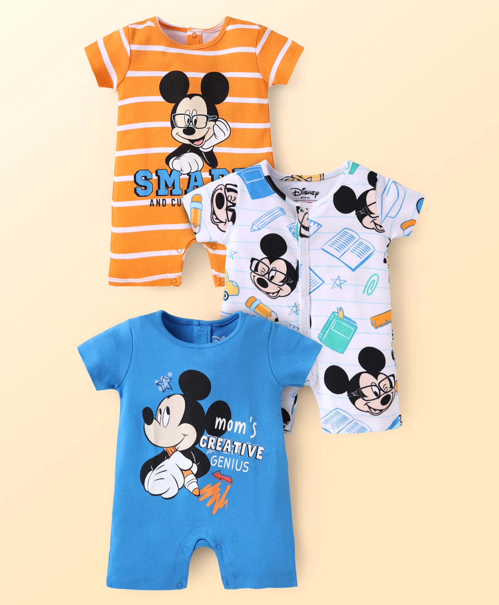 Babyhug Disney Interlock Knit Half Sleeves Rompers with Mickey Mouse Graphics Pack of 3 - Blue White & Orange-picture-25