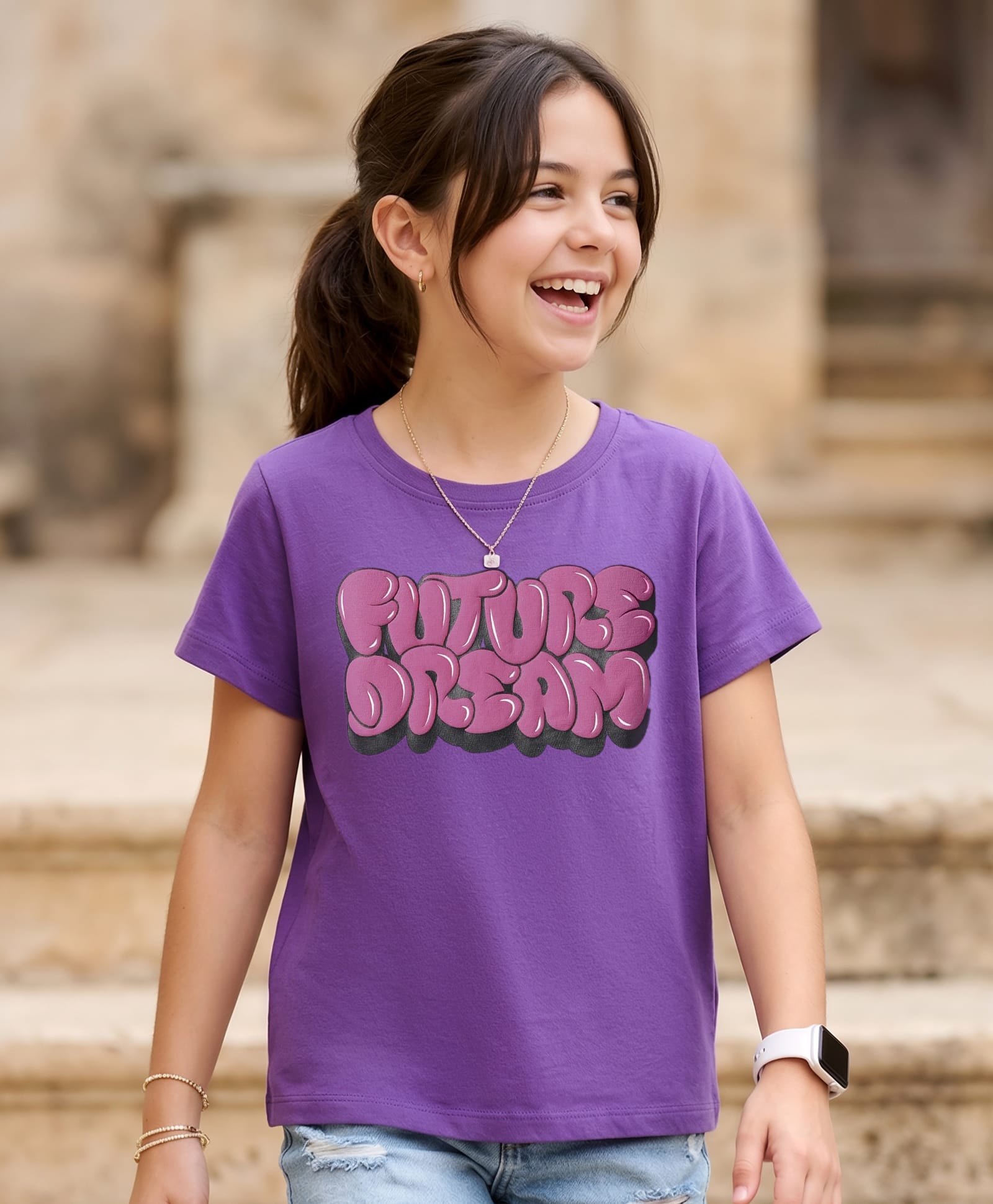 Pine Kids Cotton Knit Half Sleeves T-Shirt with Future Dream Text Print - Purple-image-46