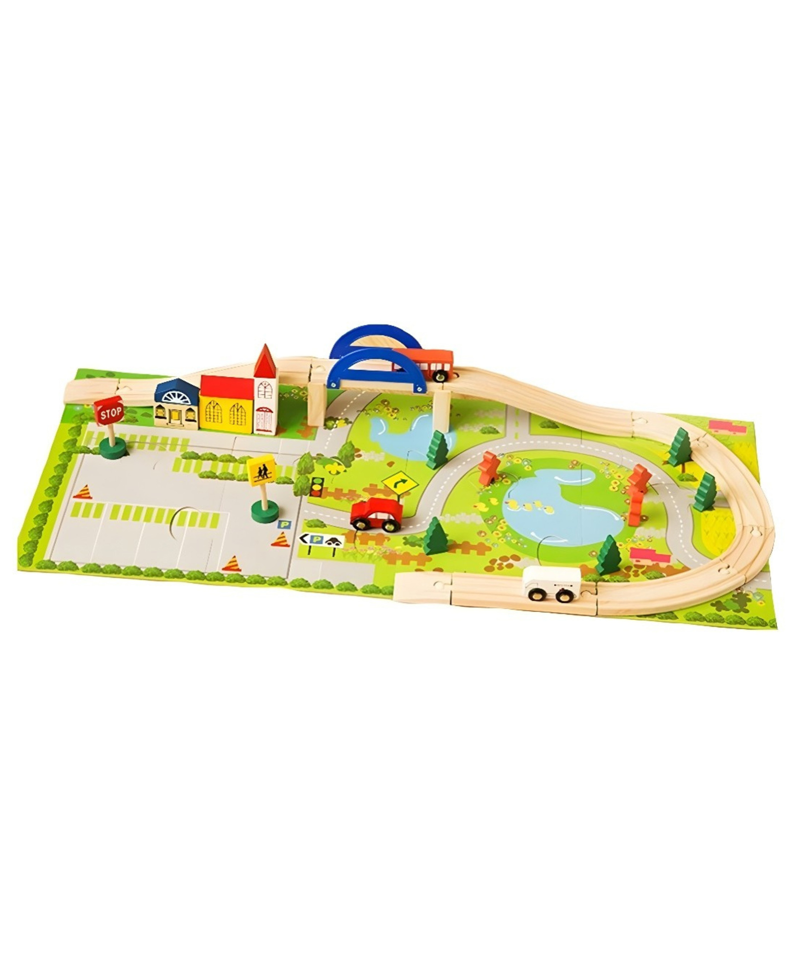 YAMAMA Wooden Toys For Kids Wooden Rail Overpass Toys Wooden Track Car Bridge Toys Set With Puzzle Playmat With Scenic Accessories Educational Learning Kids Toys 40 Pieces - Multicolor-picture-24