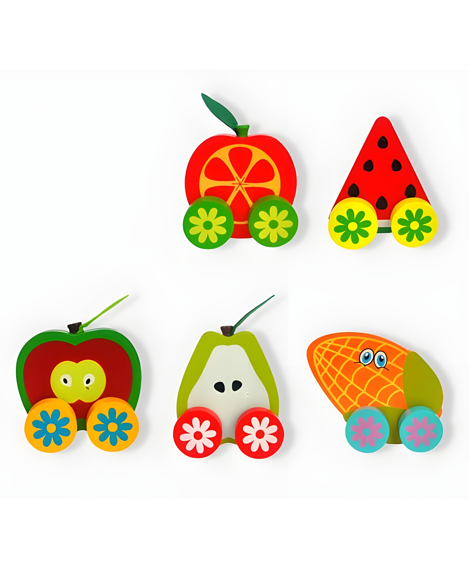 YAMAMA Pull Along Toys For Kids Wooden Fruit Car Pull Along Kids Toys Colorful Wooden Fruits Vehicles Cars Babies Toys Early Learning Development Toys Infant Toys Includes Apple Pear Watermelon Orange Corn - Multicolor-image-1