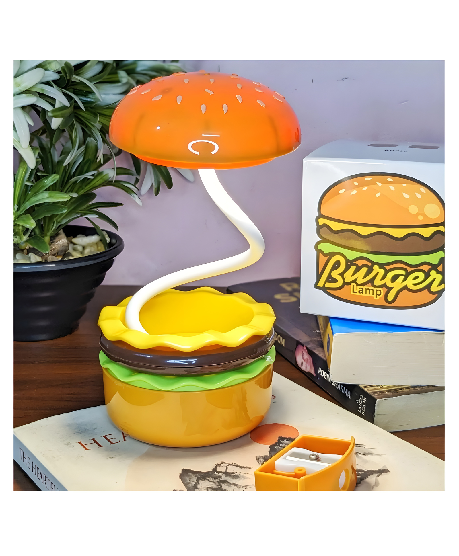 YAMAMA 3 in 1 Burger Design Study Lamp USB Rechargeable LED Desk Lamp With Built-in-Battery 360 Degree Flexible Hose With Pencil Sharpener And Storage Table Night Lamp Burger Lamp With Sharpener - Multicolor-image-2