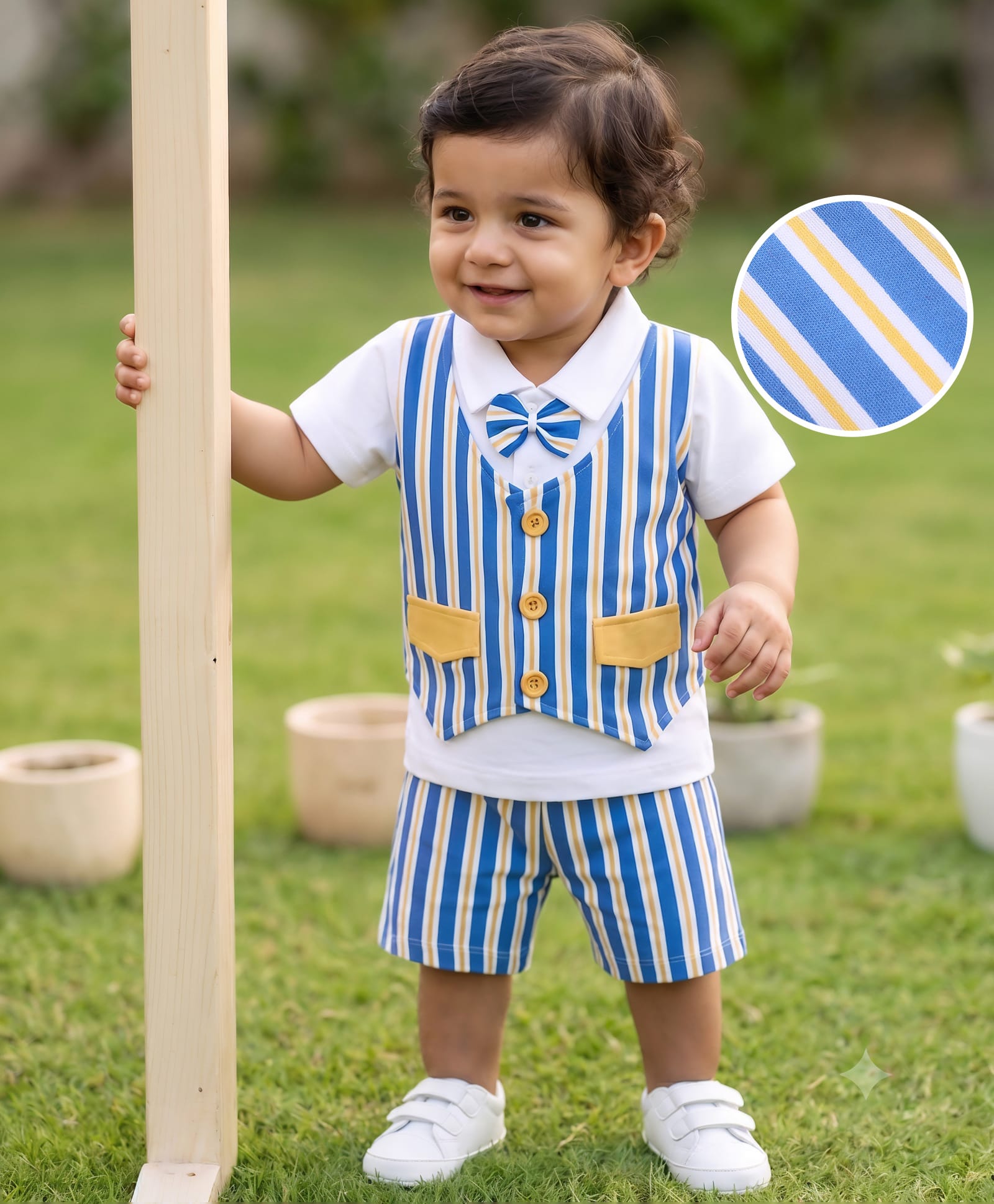 kookie kids india Kookie Kids Interlock Knit Half Sleeves T-Shirts & Shorts Set With Attached Waistcoat & Bow Applique - White & Blue-picture-16