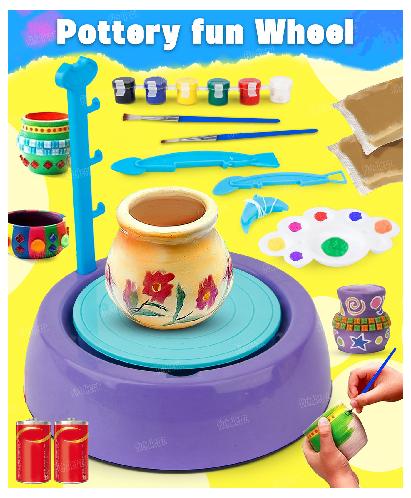 Fiddlerz Pottery Wheel Art Set Battery Operated Pottery Wheel & Painting Kit for Beginners with Modeling Clay Sculpting Clay & Tools Arts & Crafts for Boys and Girls Age 5-12 yrs+-picture-12