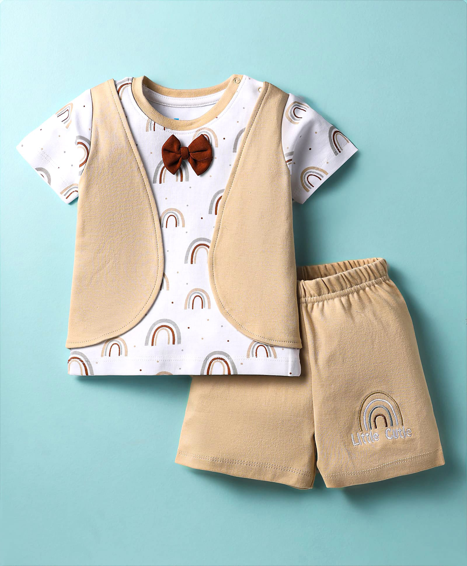 kookie kids india Kookie Kids 100% Cotton Knit Half Sleeves T-Shirt & Shorts Set with Rainbow Print & Bow Applique - White & Khaki-picture-15