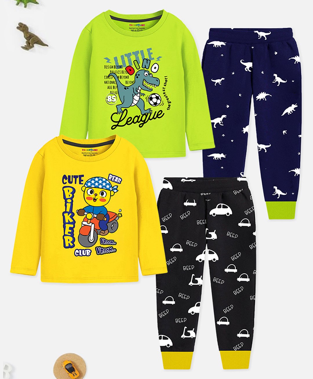 Trampoline Cotton Blend Knit Pack Of 2 Full Sleeves Dinosaur & Typography Printed Night Suit Set - Multi Colour-image-37