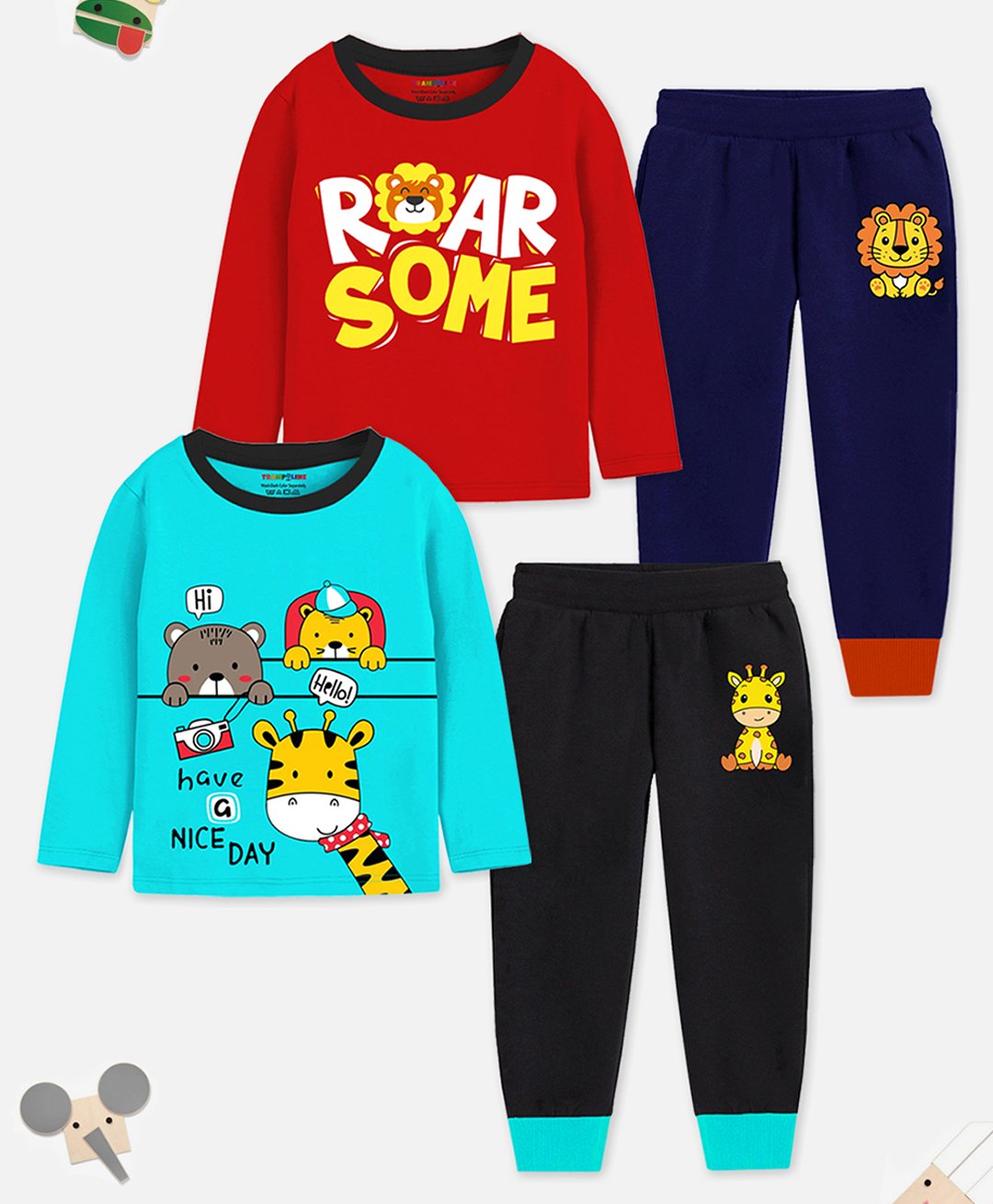 Trampoline Cotton Blend Knit Pack Of 2 Full Sleeves Animals & Typography Printed Night Suit Set - Multi Colour-image-36