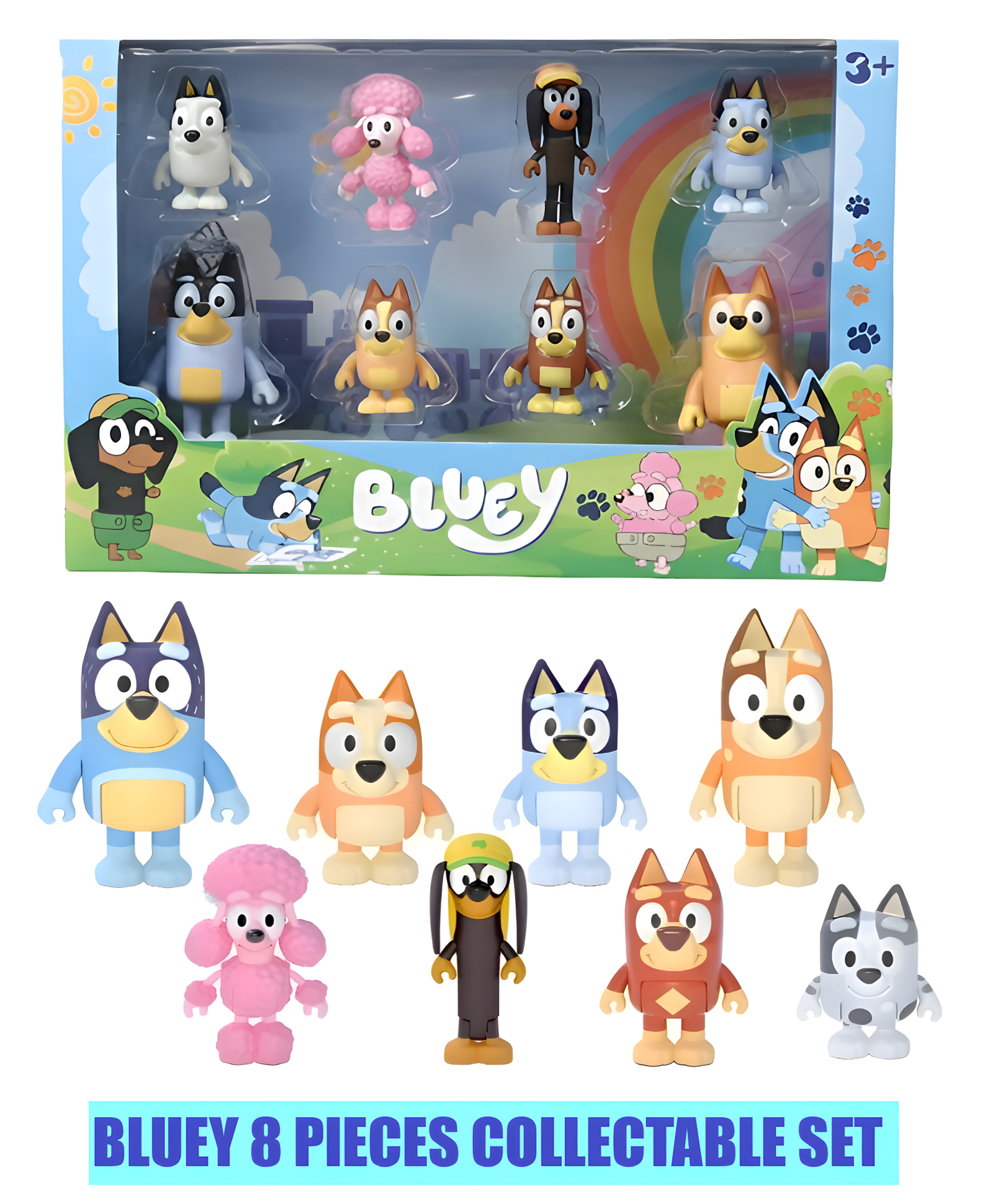 NEGOCIO Bluey and damily friends Figurines set bluey 8 pcs figurines from the fairy tales kids toy- PACK OF 1- COLOR MAY VARY