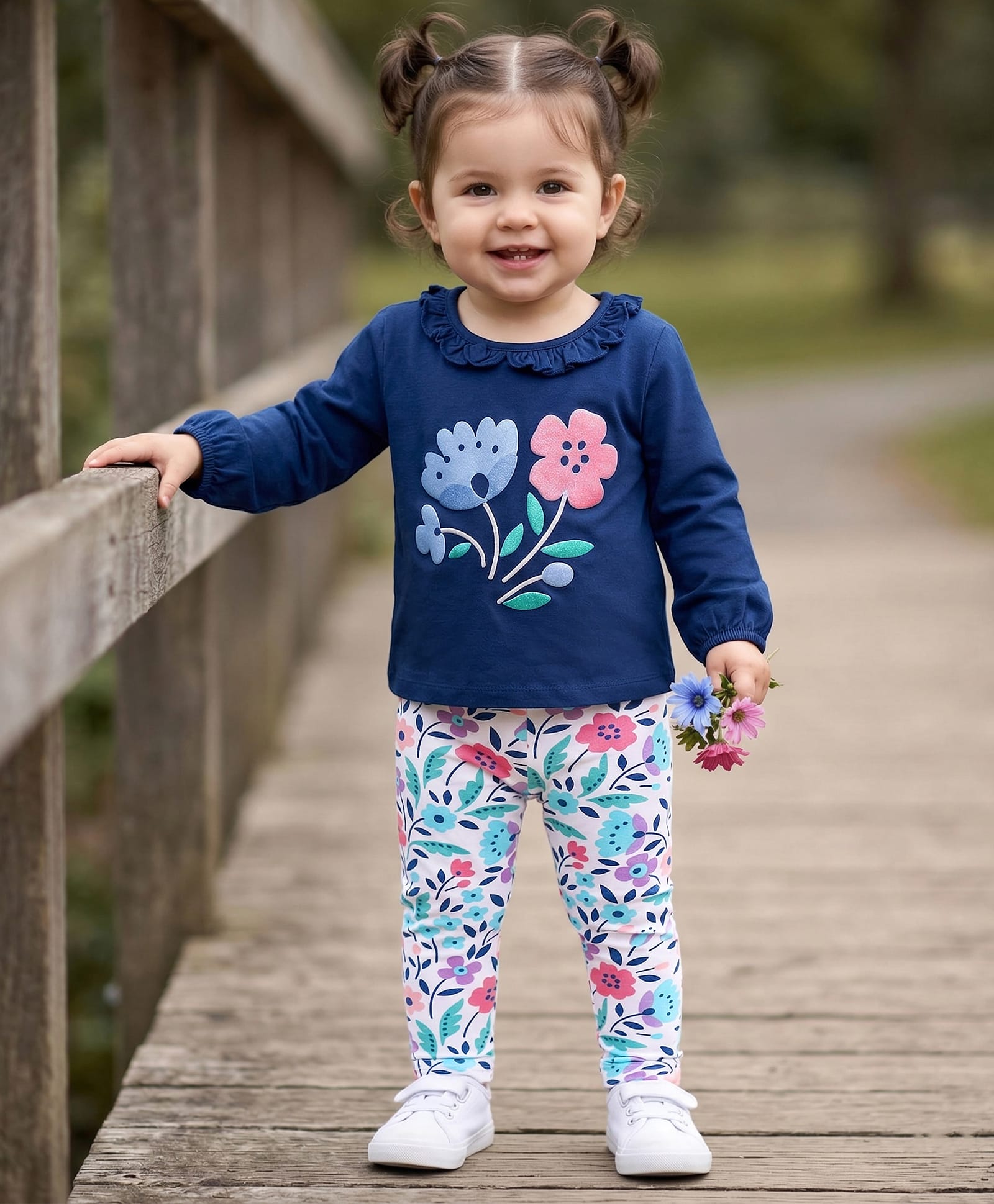 Babyhug Single Jersey Knit Full Peasant Sleeves Top & Leggings with Floral Print - Navy Blue & White-image-7