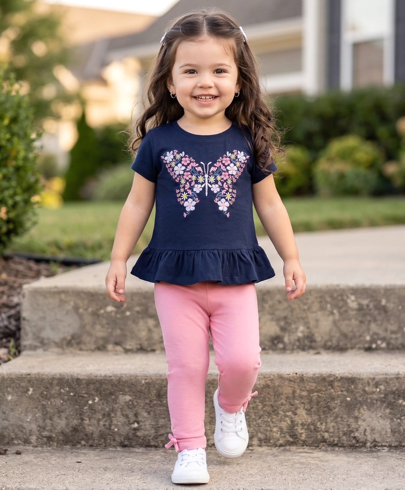 Babyhug Single Jersey Knit Half Sleeves Top & Leggings Set with Floral Embroidery - Navy Blue & Pink-image-44