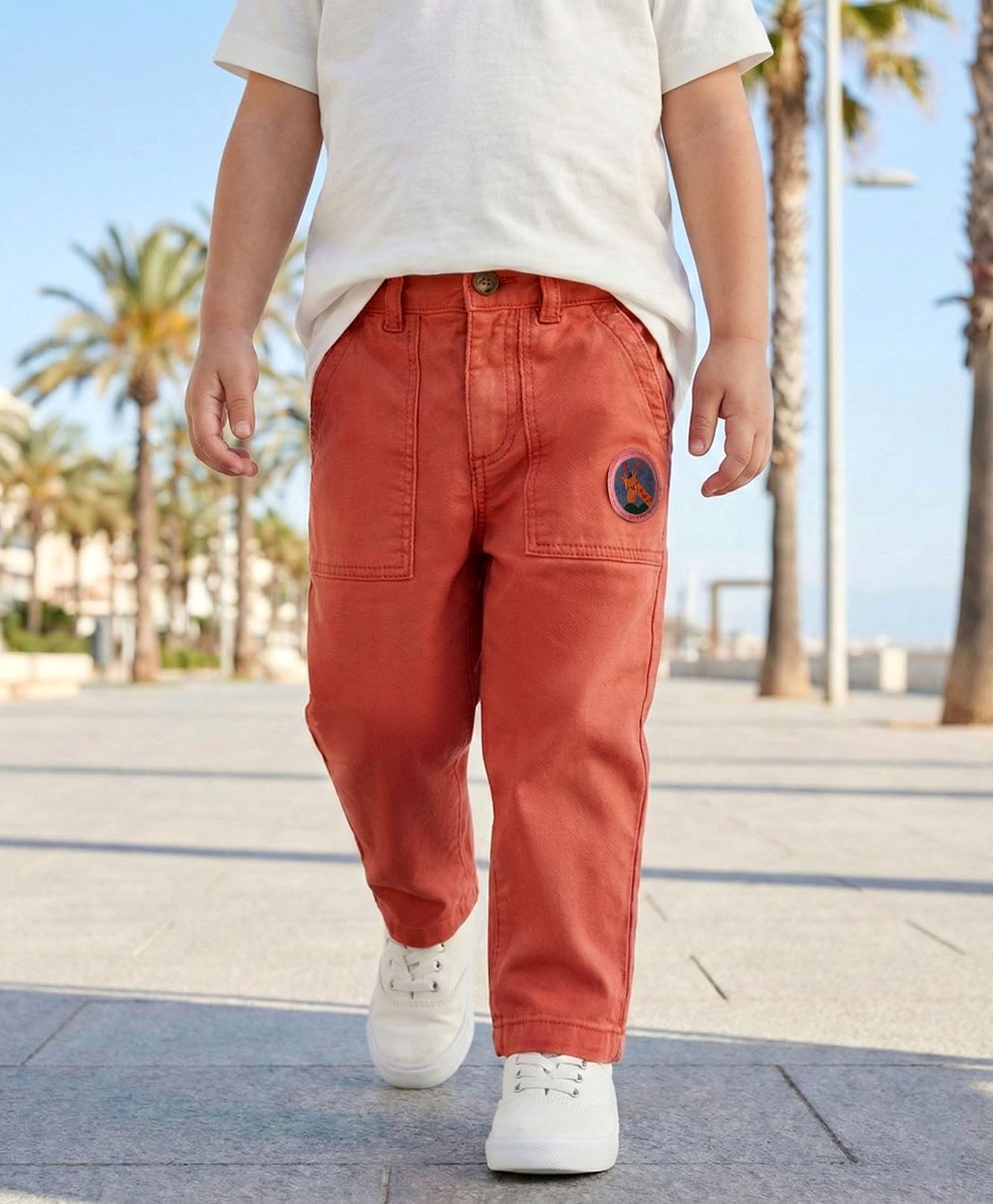 Babyhug Cotton Lycra Woven Full Length Solid Coloured Trouser With Stretch & Animal Patch - Coral-picture-21