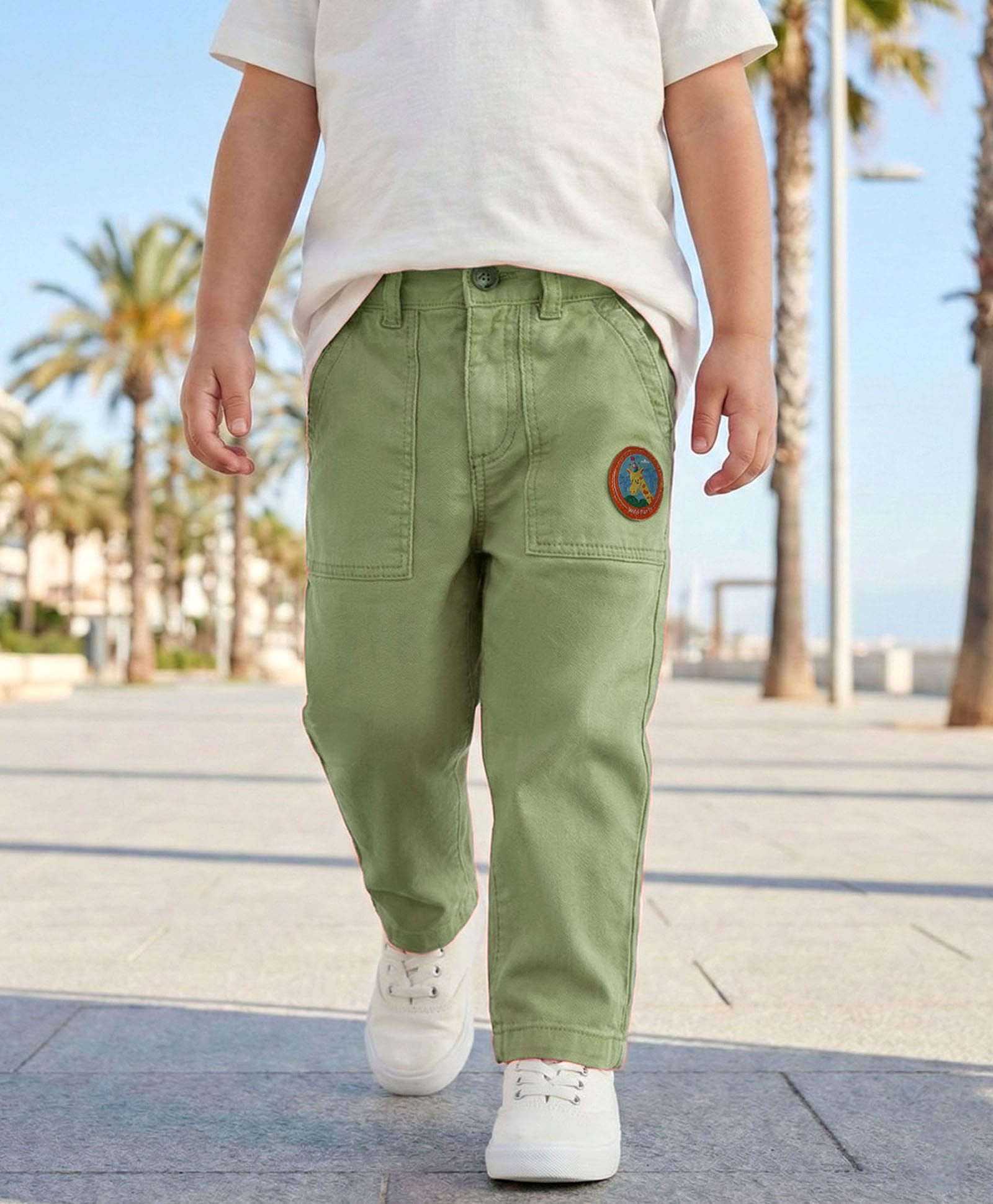 Babyhug Cotton Lycra Woven Full Length Solid Coloured Trouser With Stretch & Animal Patch - Olive Green-image-17