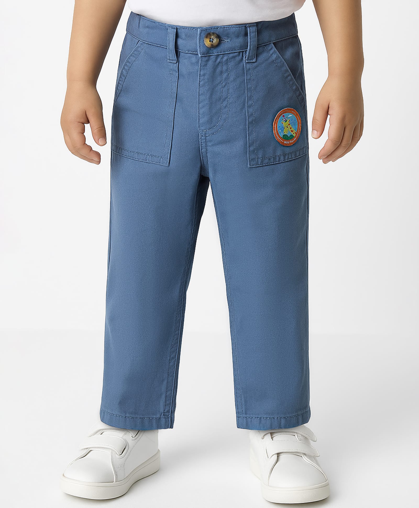 Babyhug Cotton Lycra Woven Full Length Solid Coloured Trouser With Stretch & Animal Patch - Royal Blue