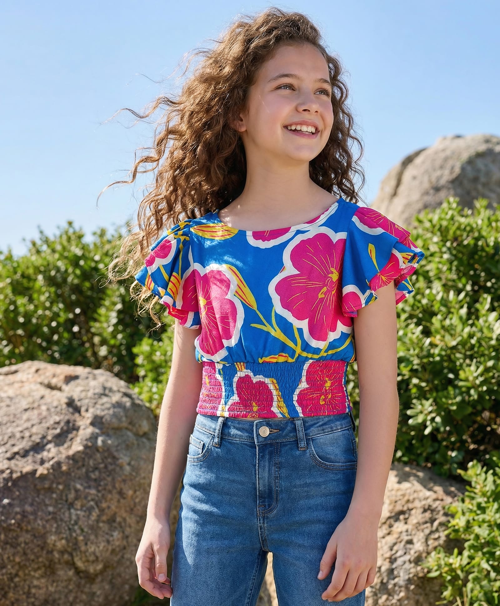 Pine Kids Woven Flutter Sleeves Top With Floral Print & Smock Detailing - Blue-image-14