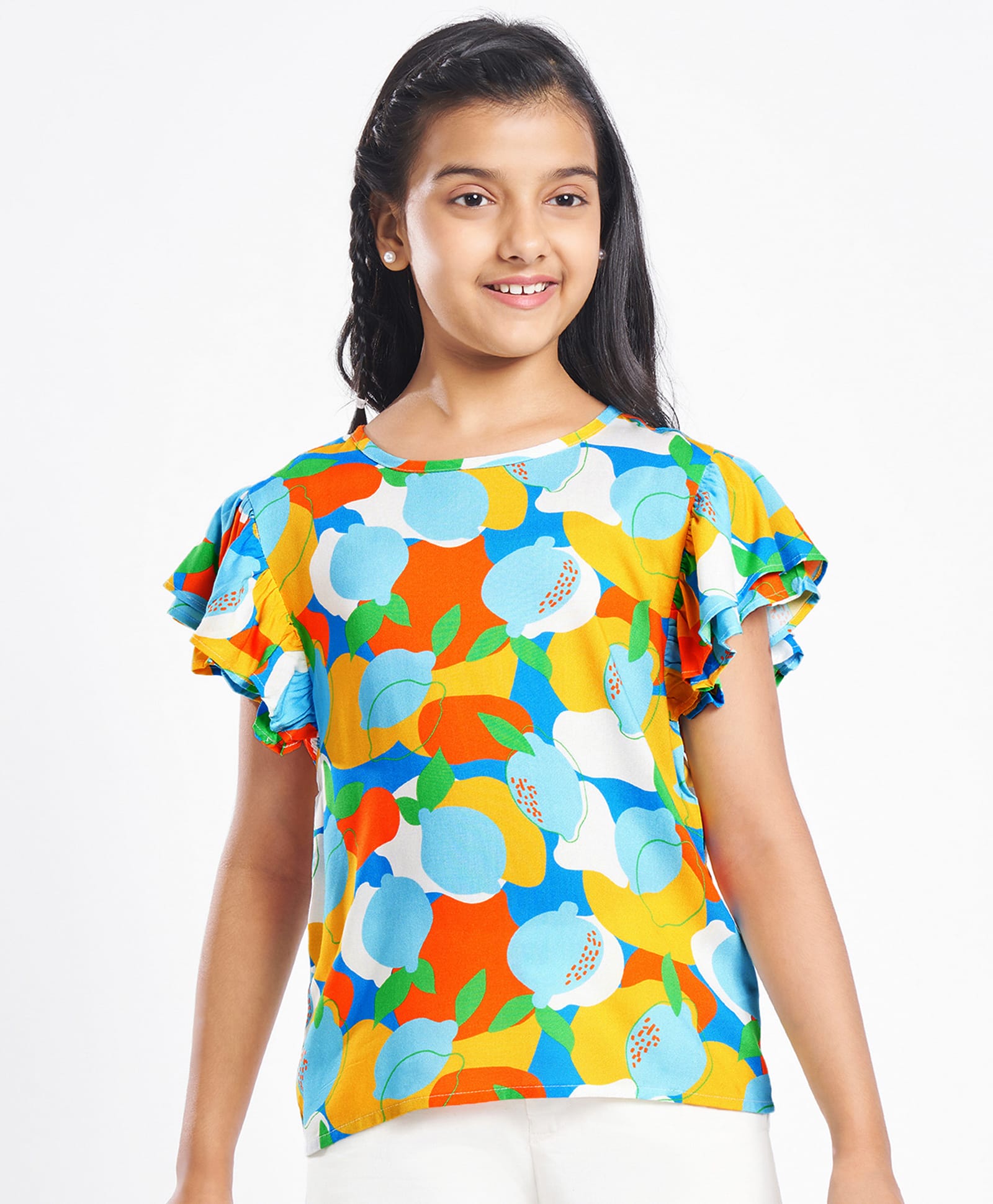 Pine Kids Rayon Woven Flutter Sleeves Top with Abstract Print - Blue & Yellow-picture-10