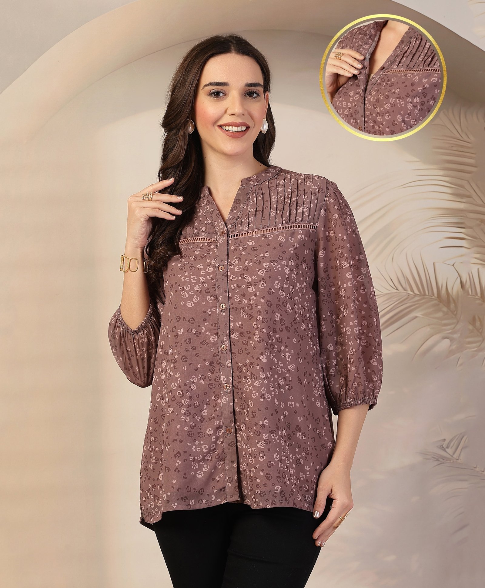 Zelena Three Fourth Sleeves Printed Maternity Zipless Feeding Top With Nursing Access - Brown-image-33