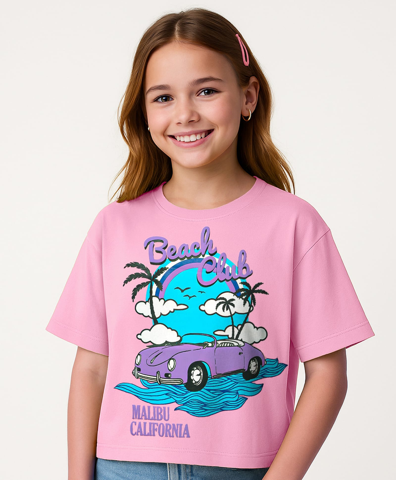 Pine Kids Cotton Knit Half Sleeves Drop Shoulder T-Shirt with Beach Theme Print - Pink-picture-20