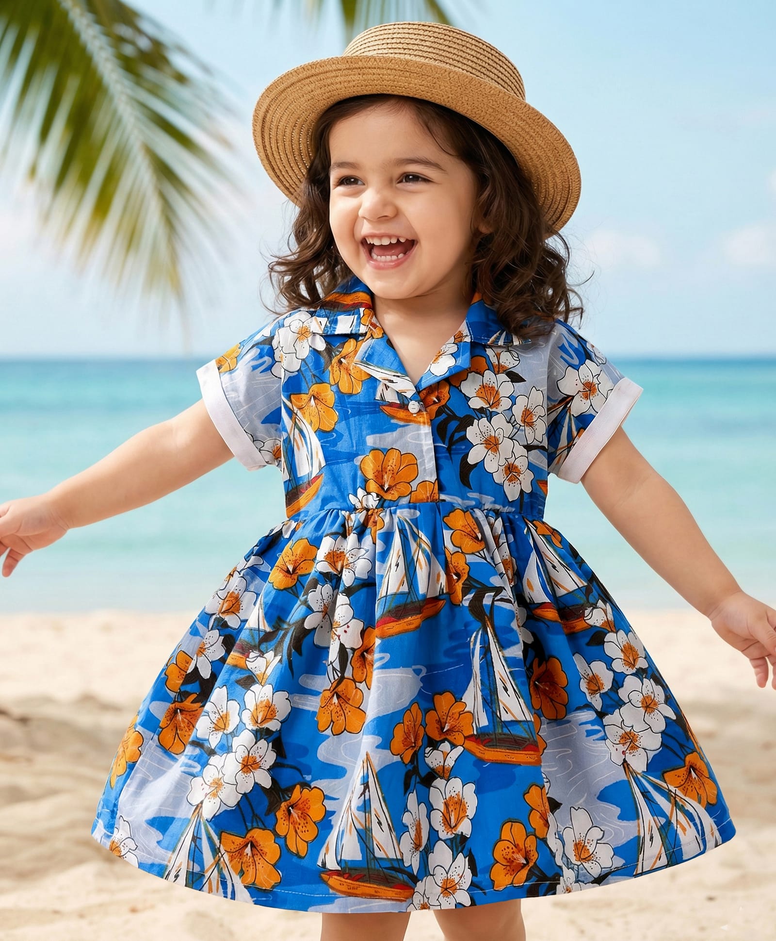 Babyhug Single Jersey Knit Half Sleeves Collared Frock with Floral Print - Blue-picture-10