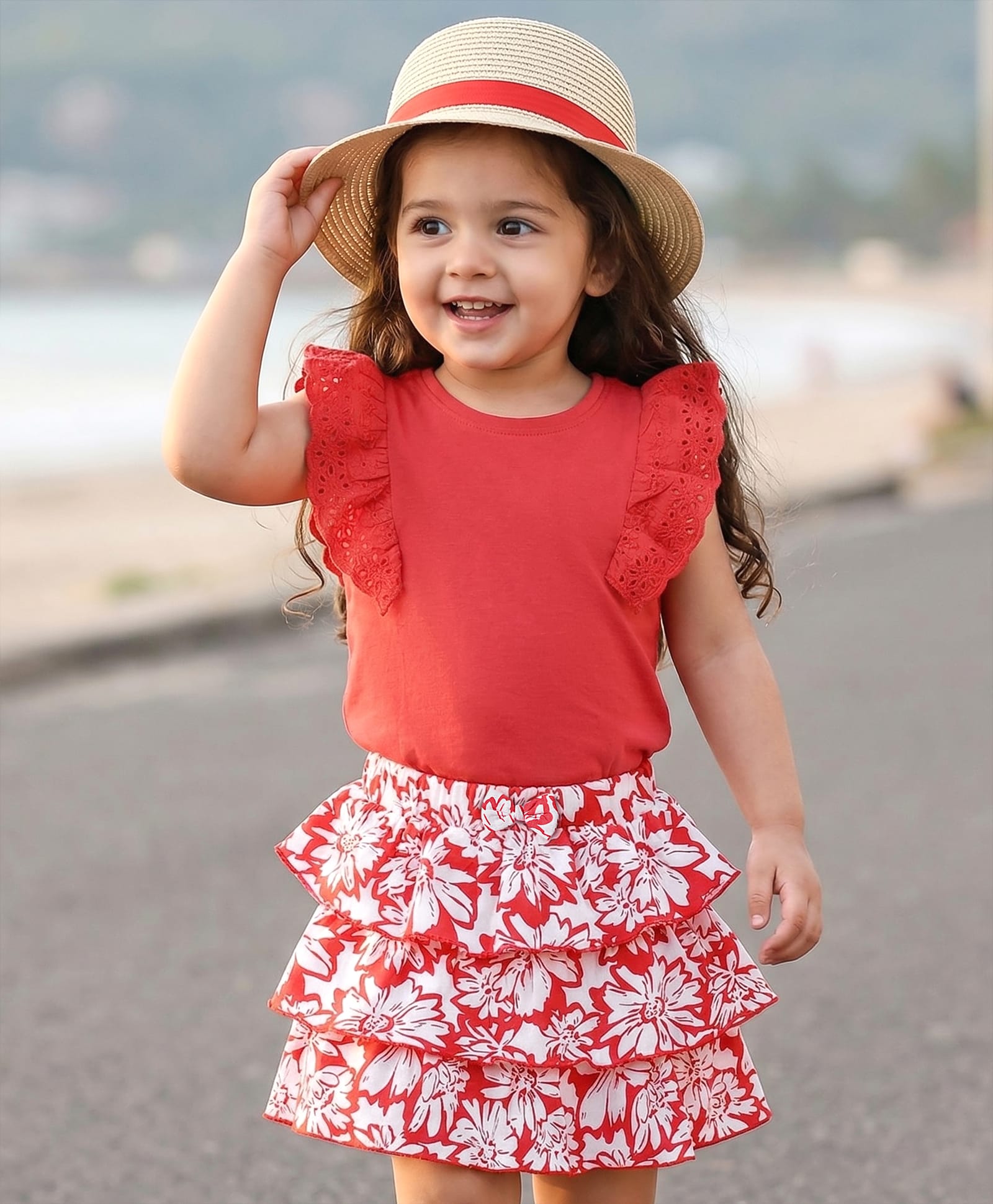 Babyhug Single Jersey Knit Frill Sleeves Top & Layered Skirt with Floral Print & Bow Applique - Red-image-48