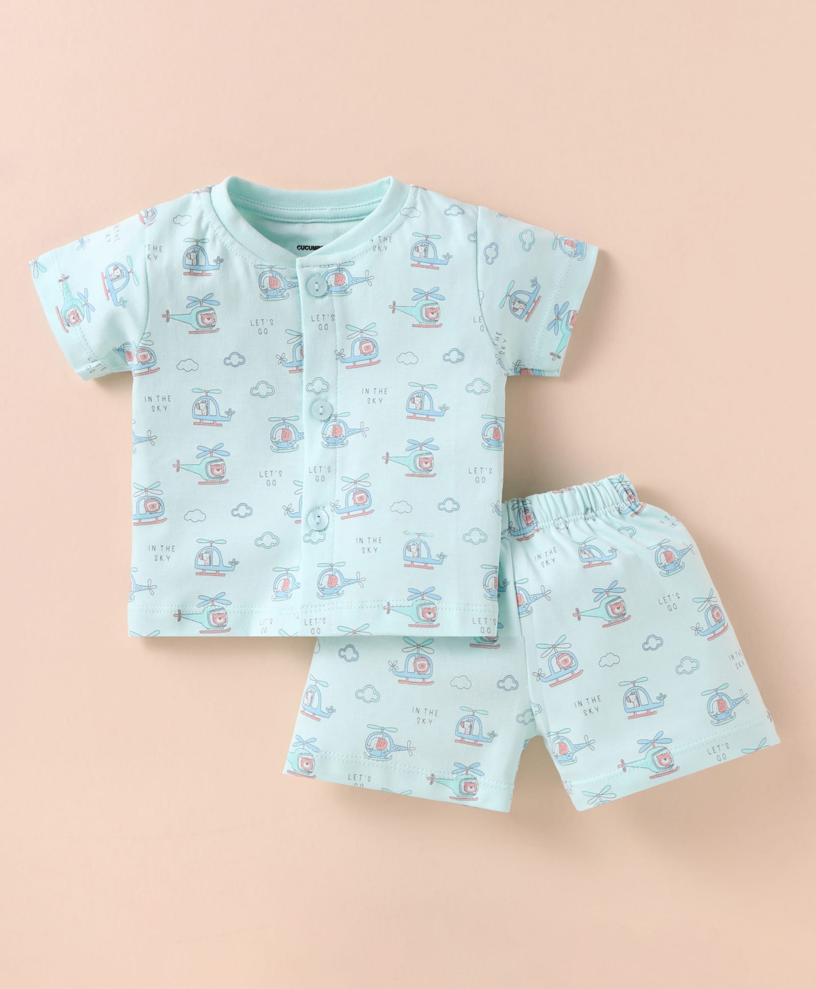 CUCUMBER Interlock Knit Half Sleeves Shorts Night Suit With Helicopter Print - Light Blue-image-45