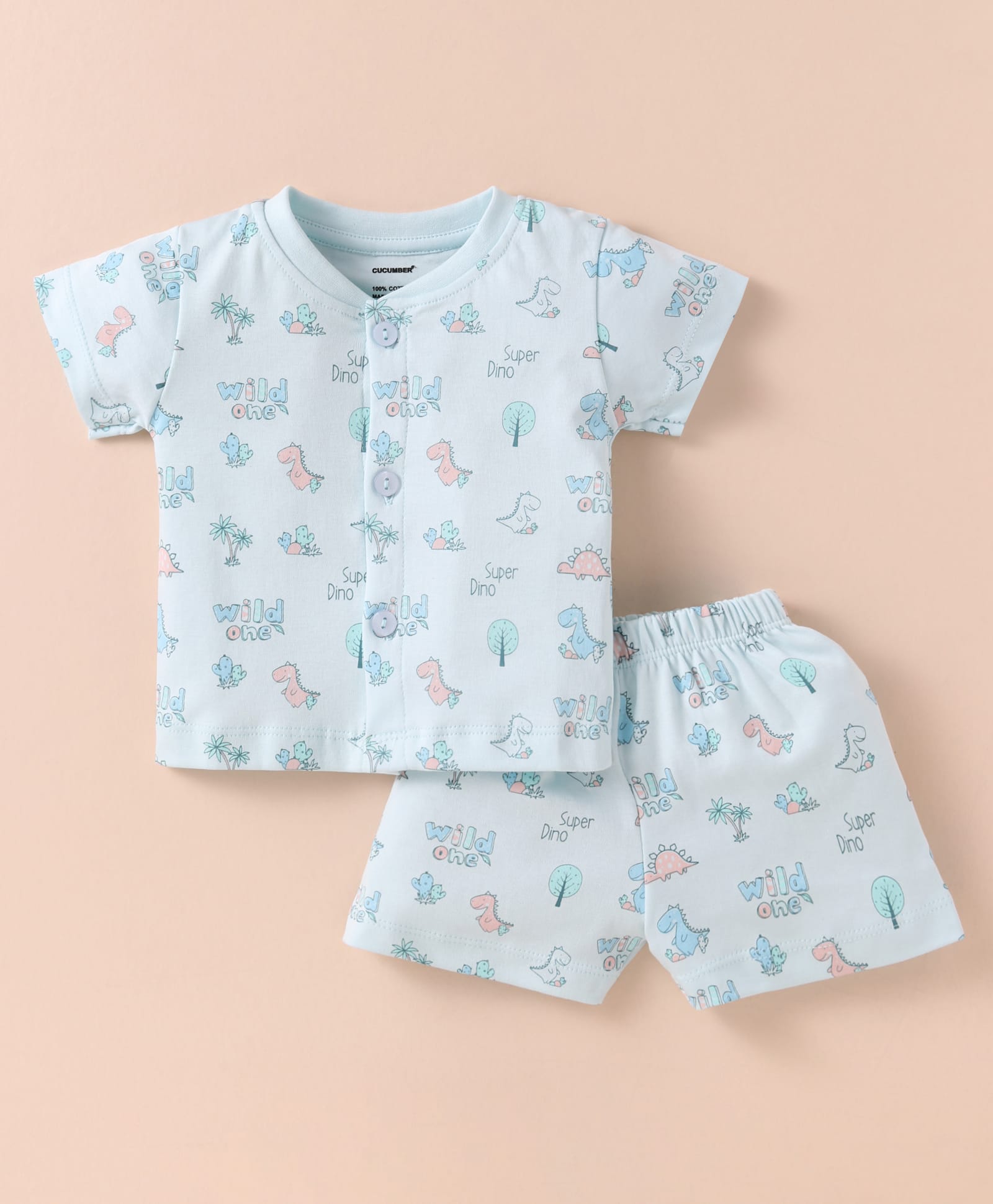 CUCUMBER Interlock Knit Half Sleeves Shorts Night Suit With Dino Print - Light Blue-picture-31