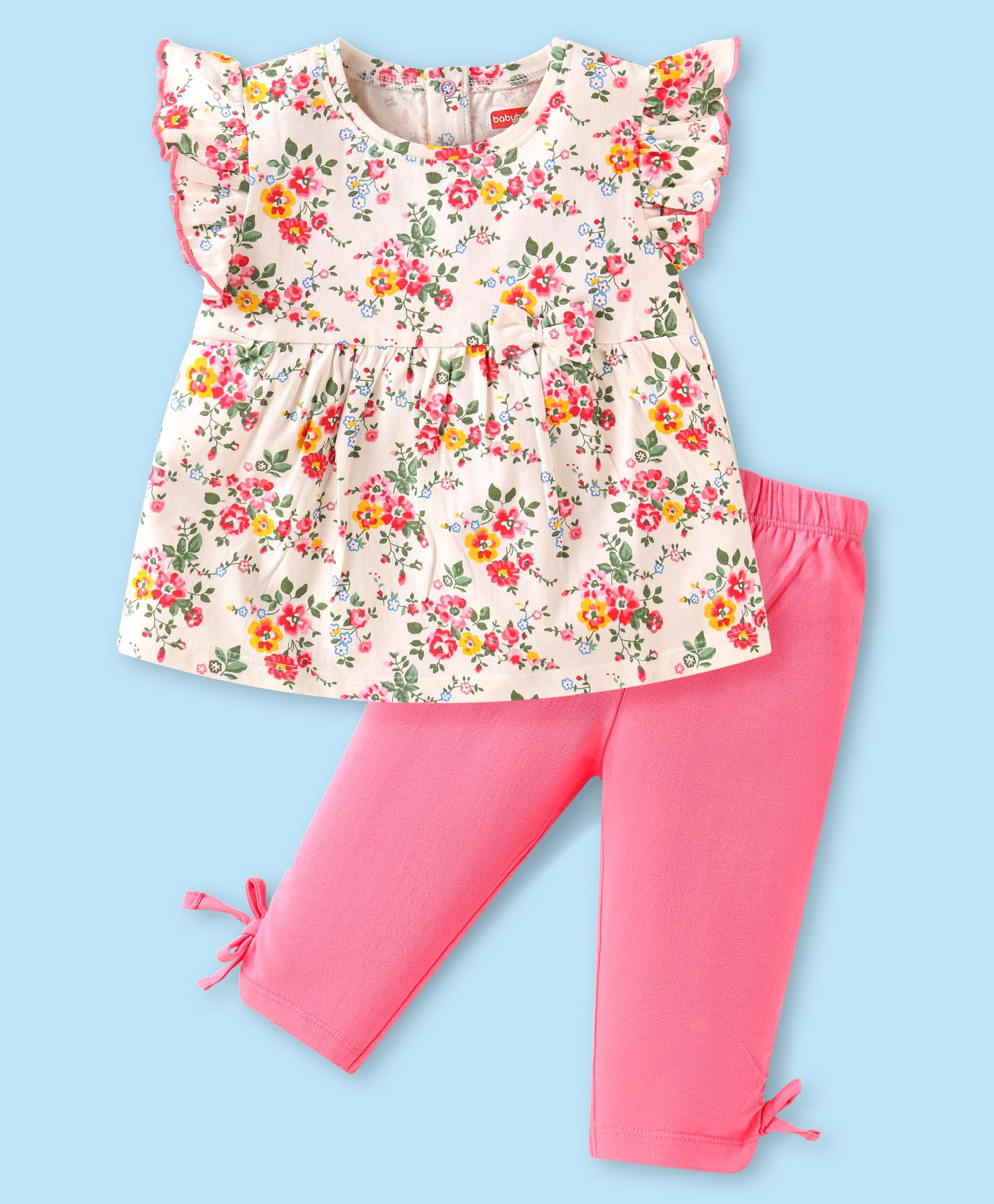 Babyhug Single Jersey Knit Frill Sleeves Floral Printed Top & Capri Set with Bow Applique - Pink-image-3