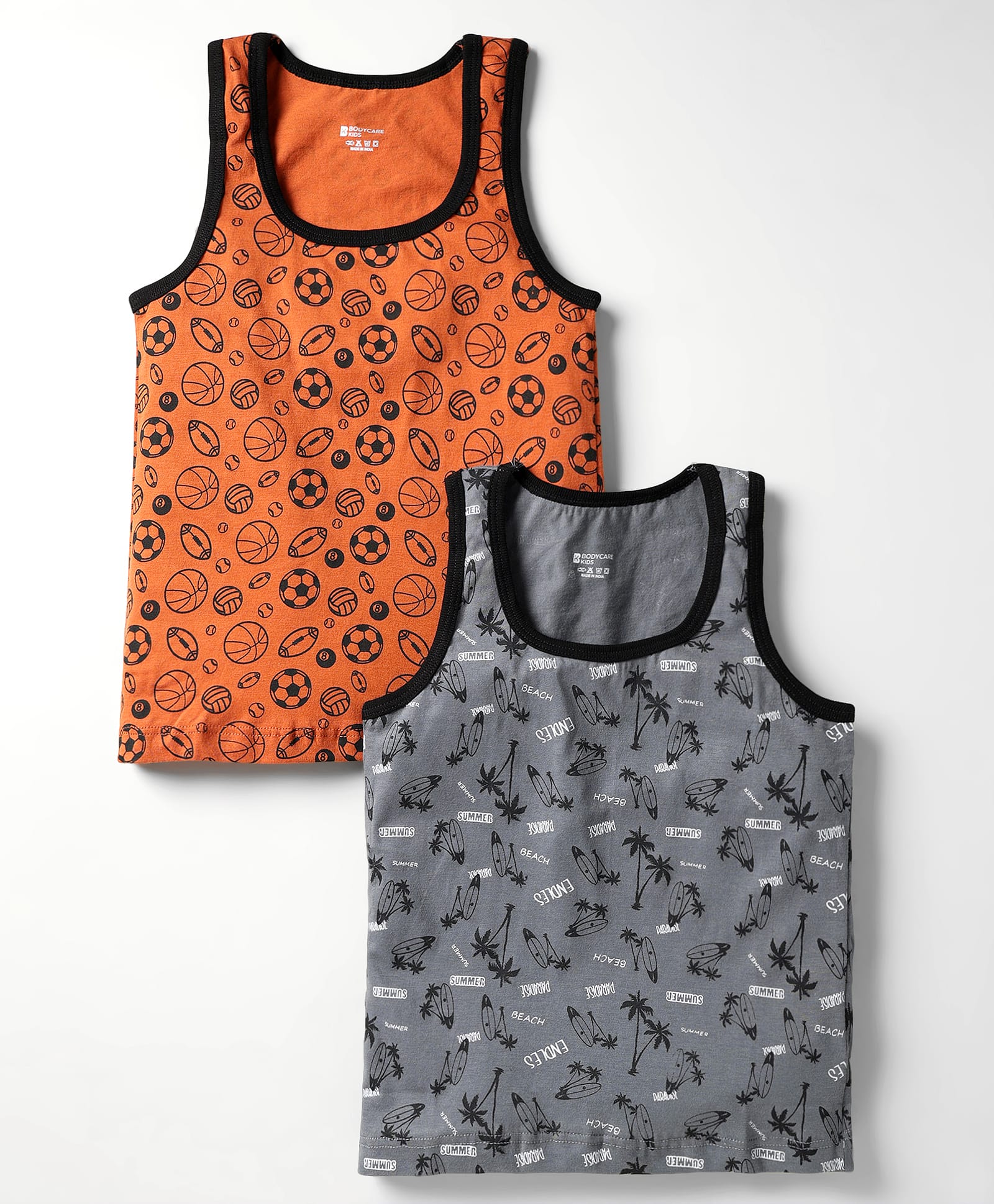 Bodycare Cotton Knit Sleeveless Vests With Baseball & Tropical Theme Print Pack Of 2 - Grey & Orange-picture-29