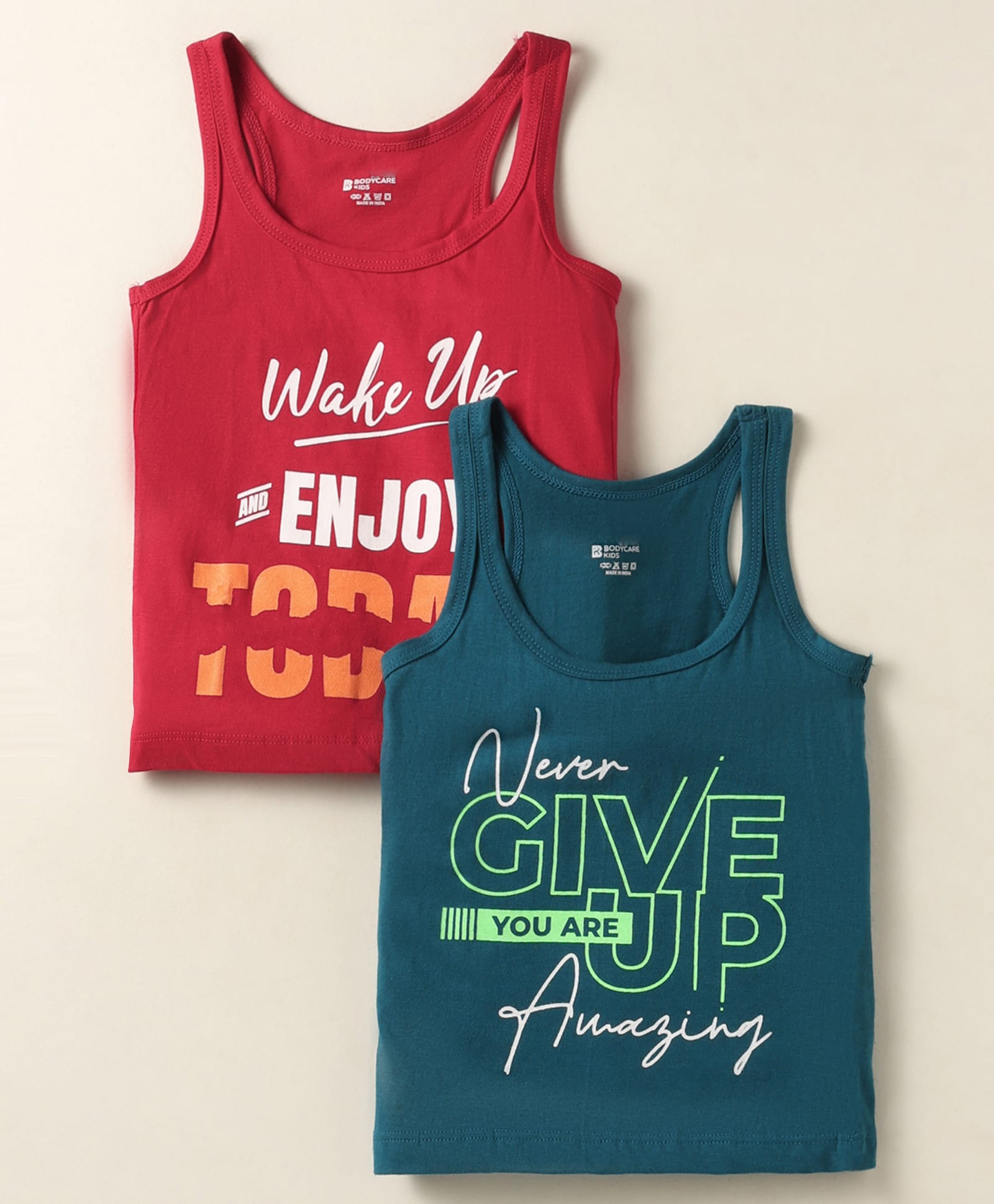Bodycare Cotton Knit Sleeveless Vests with Never Give Up Text Print Pack of 2 - Teal Blue & Red-image-40