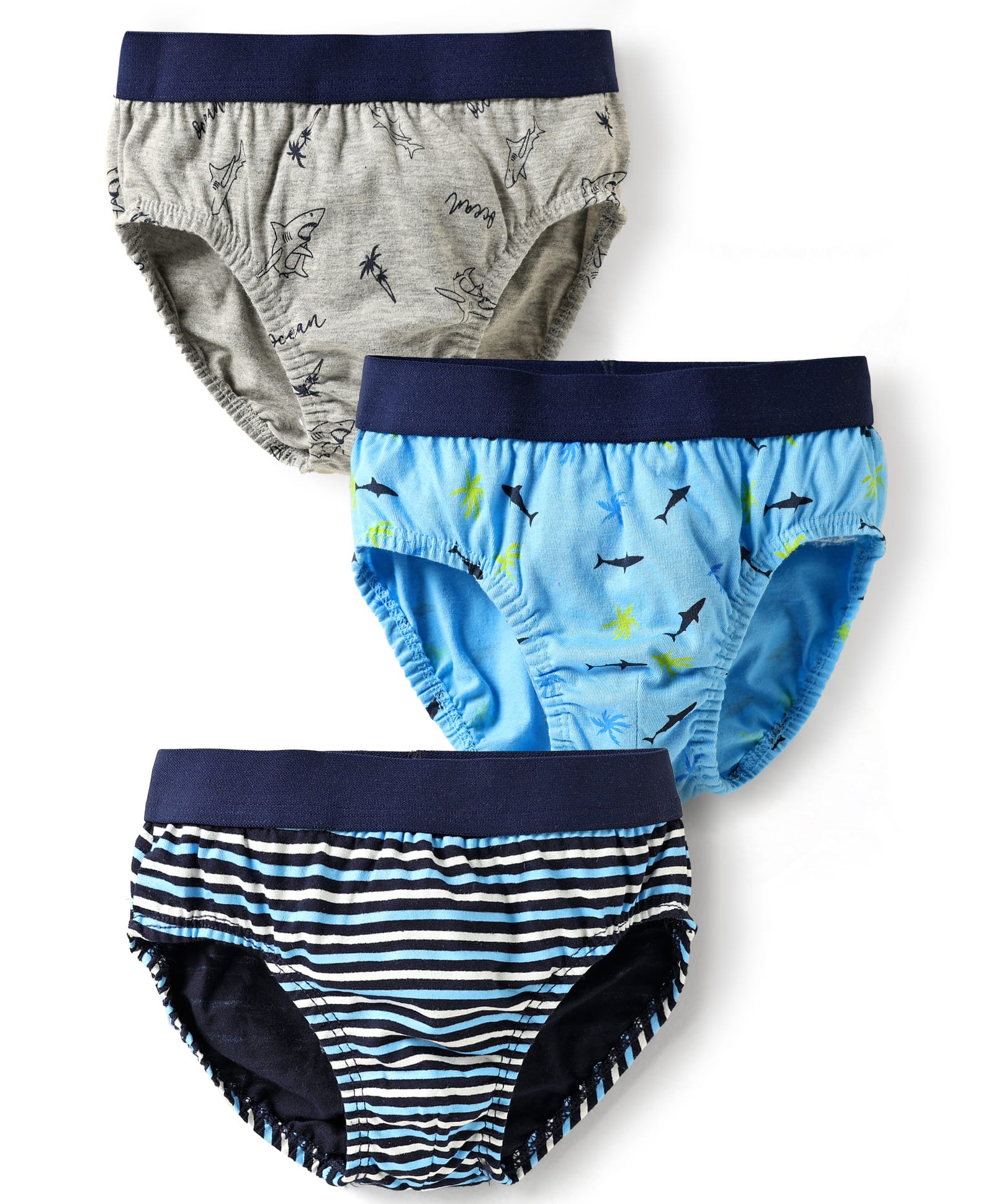 Bodycare Cotton Knit Briefs with Sea Life Print & Stripes Pack of 3 - Grey Light & Navy Blue-image-35