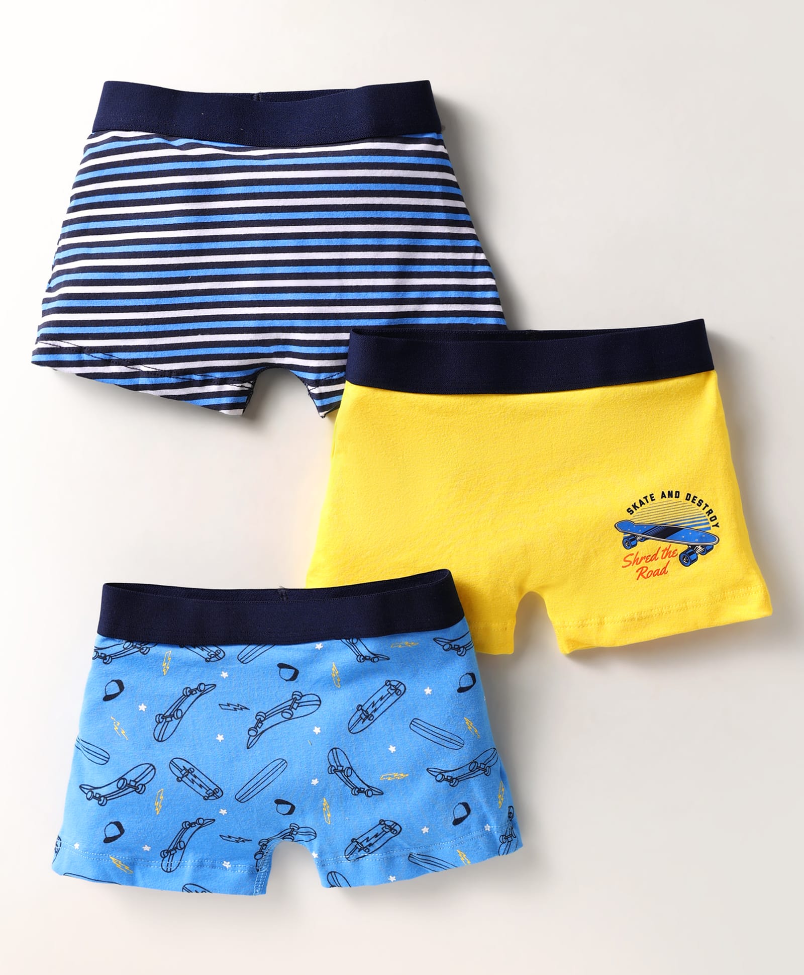 Bodycare Cotton Knit Boxers With Stripes & Skateboard Print Pack Of 3 - Yellow Blue & Black-image-39