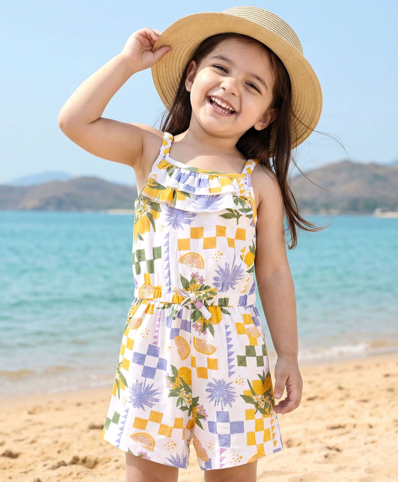 Babyhug Cotton Knit Sleeveless Jumpsuit with Tropical Theme Print - White-image-35