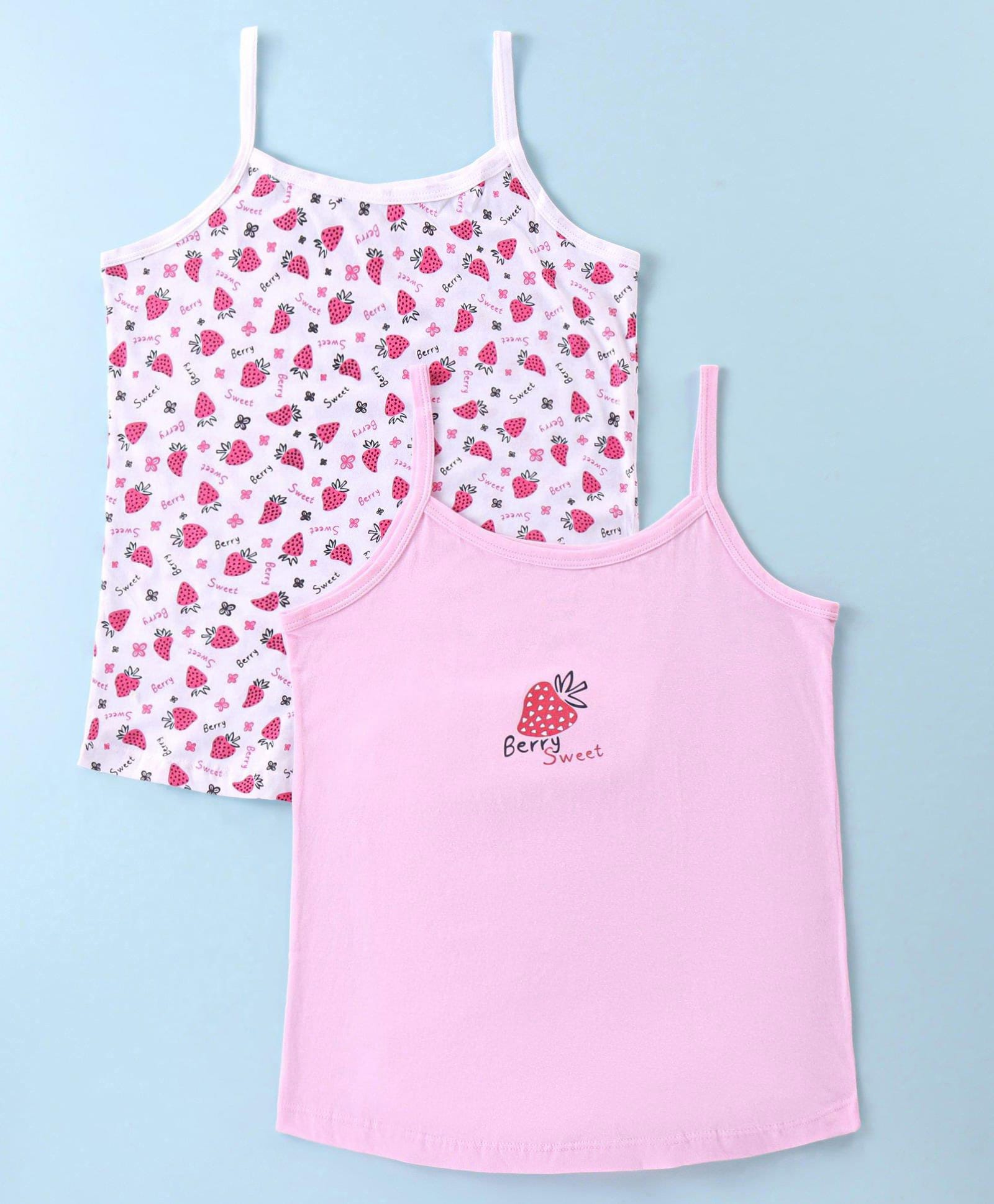 Bodycare Cotton Knit Singlet Sleeves Slips with Strawberry Print Pack of 2 - Pink & Off White-picture-12