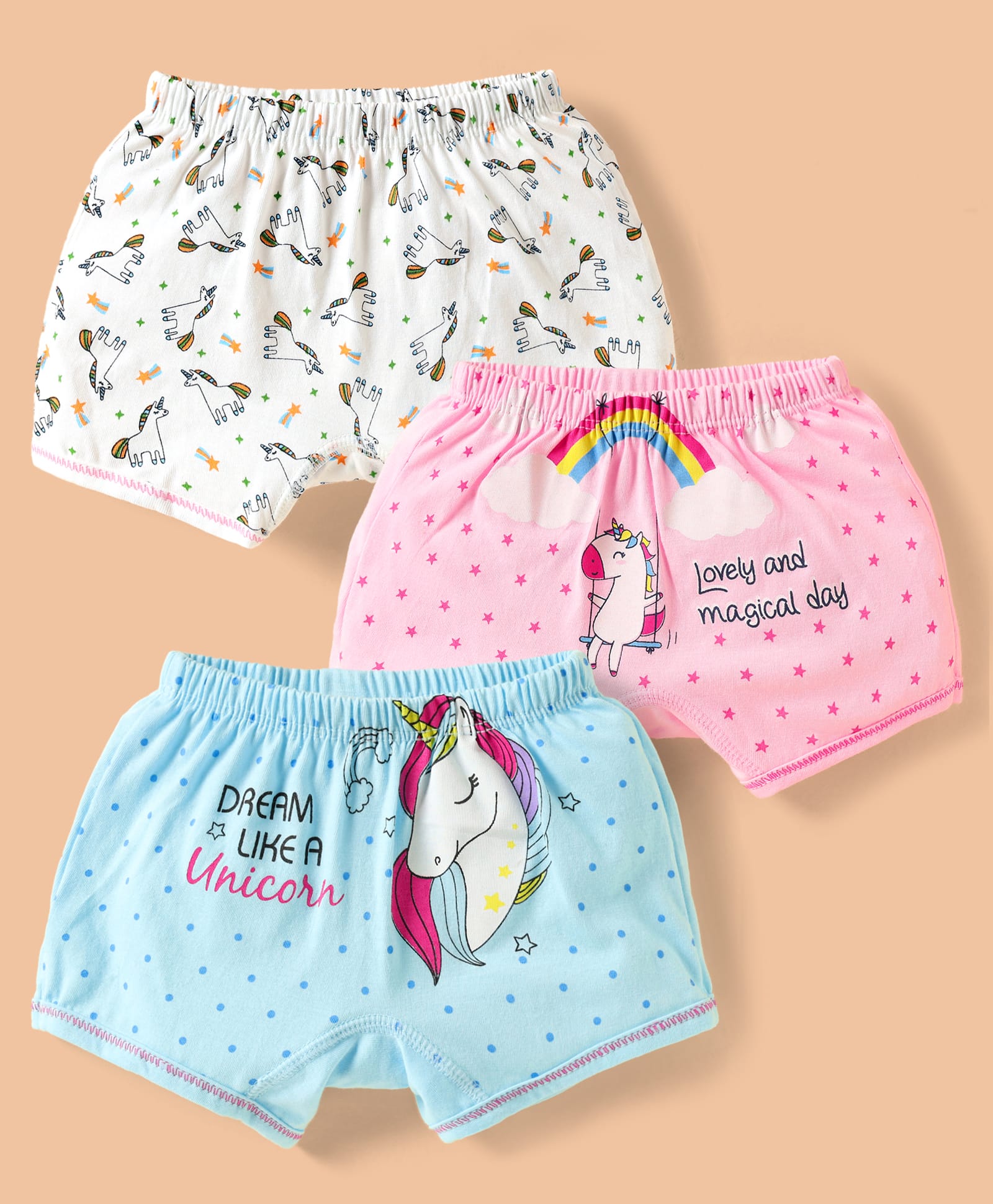 Bodycare Cotton Knit Shorts With Unicorn Print Pack Of 3 - Pink White & Light Blue