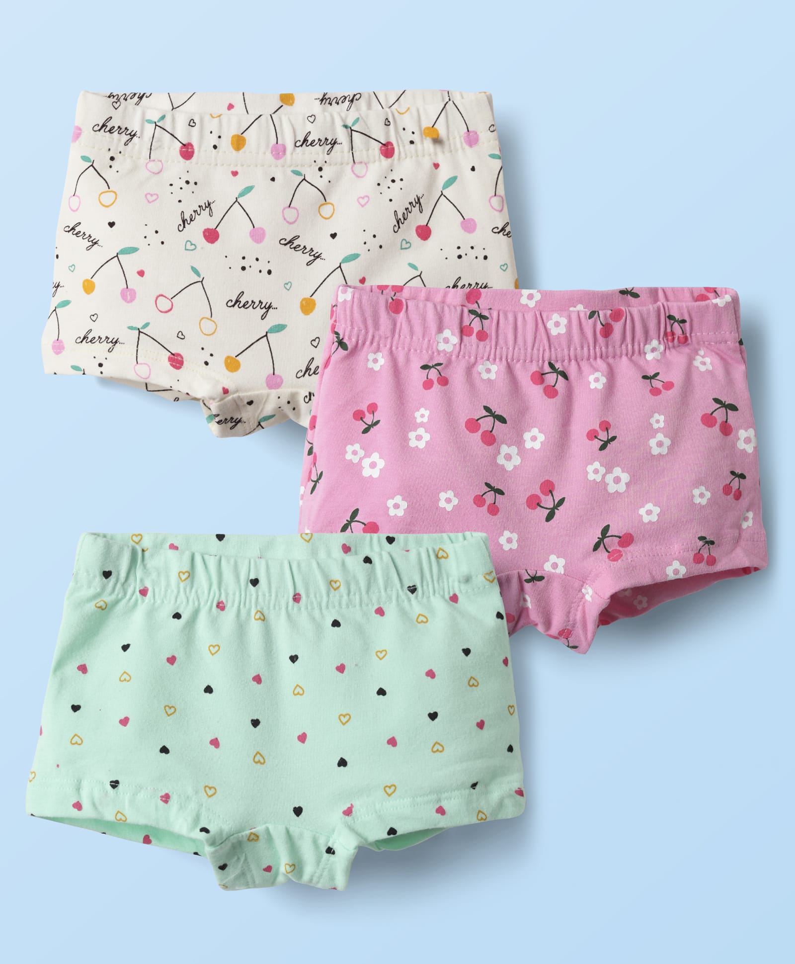 Bodycare Cotton Knit Shorts With Floral & Heart Print Pack Of 3 - Pink White & Light Green-image-43