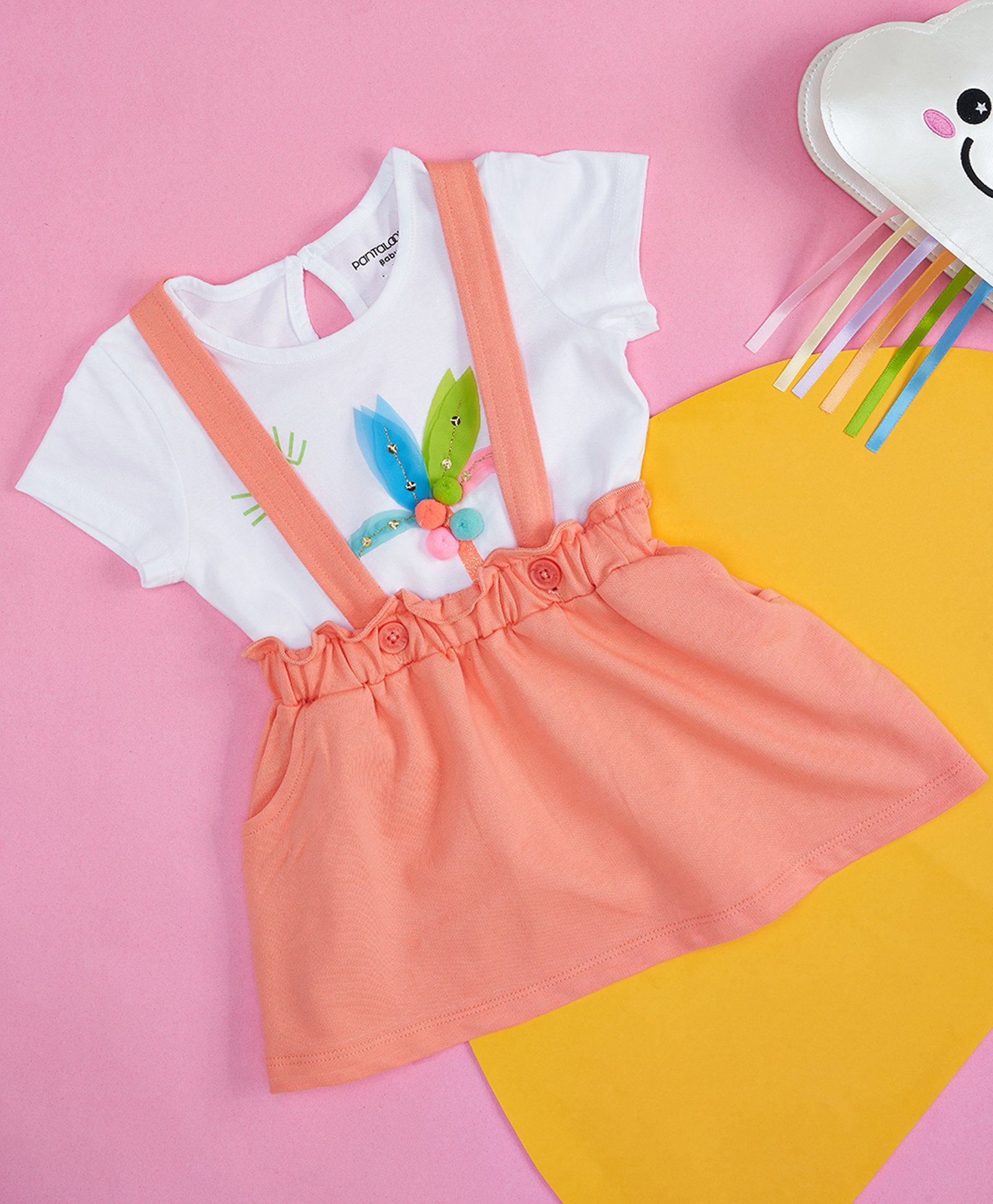 Pantaloons Baby Cotton Solid Dungaree With Half Sleeves Cocunut Tree Applique Detailed Tee Set - White & Pink-image-23