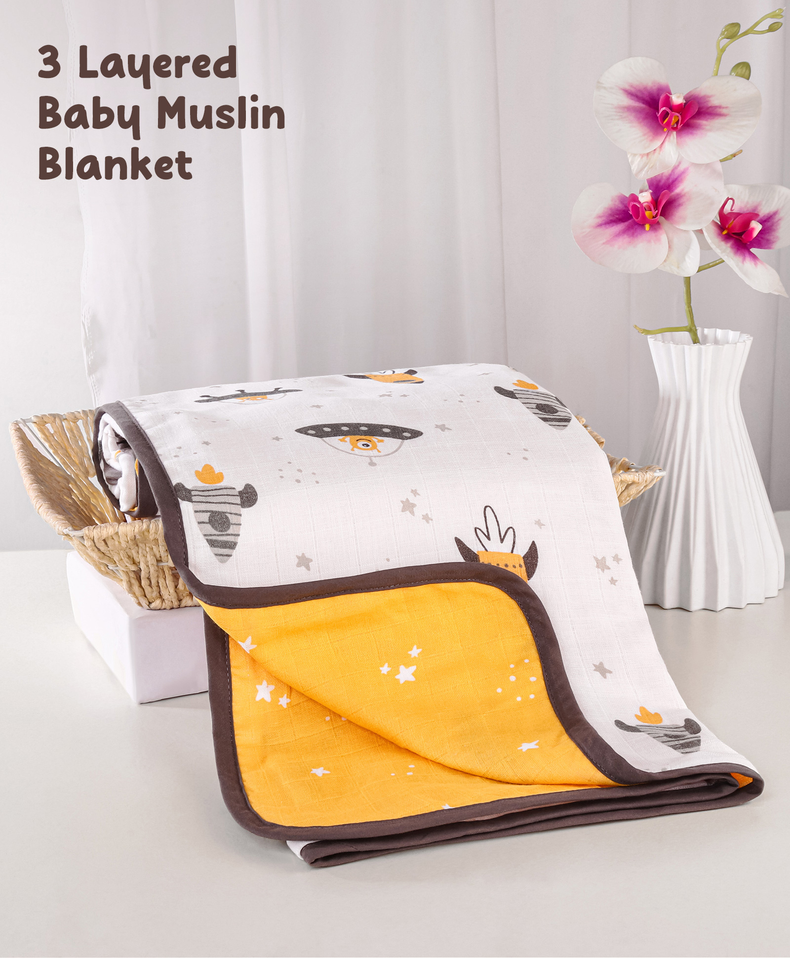 Zoe 3 Layered Baby Muslin Blanket With Space Print - White & Yellow-image-26