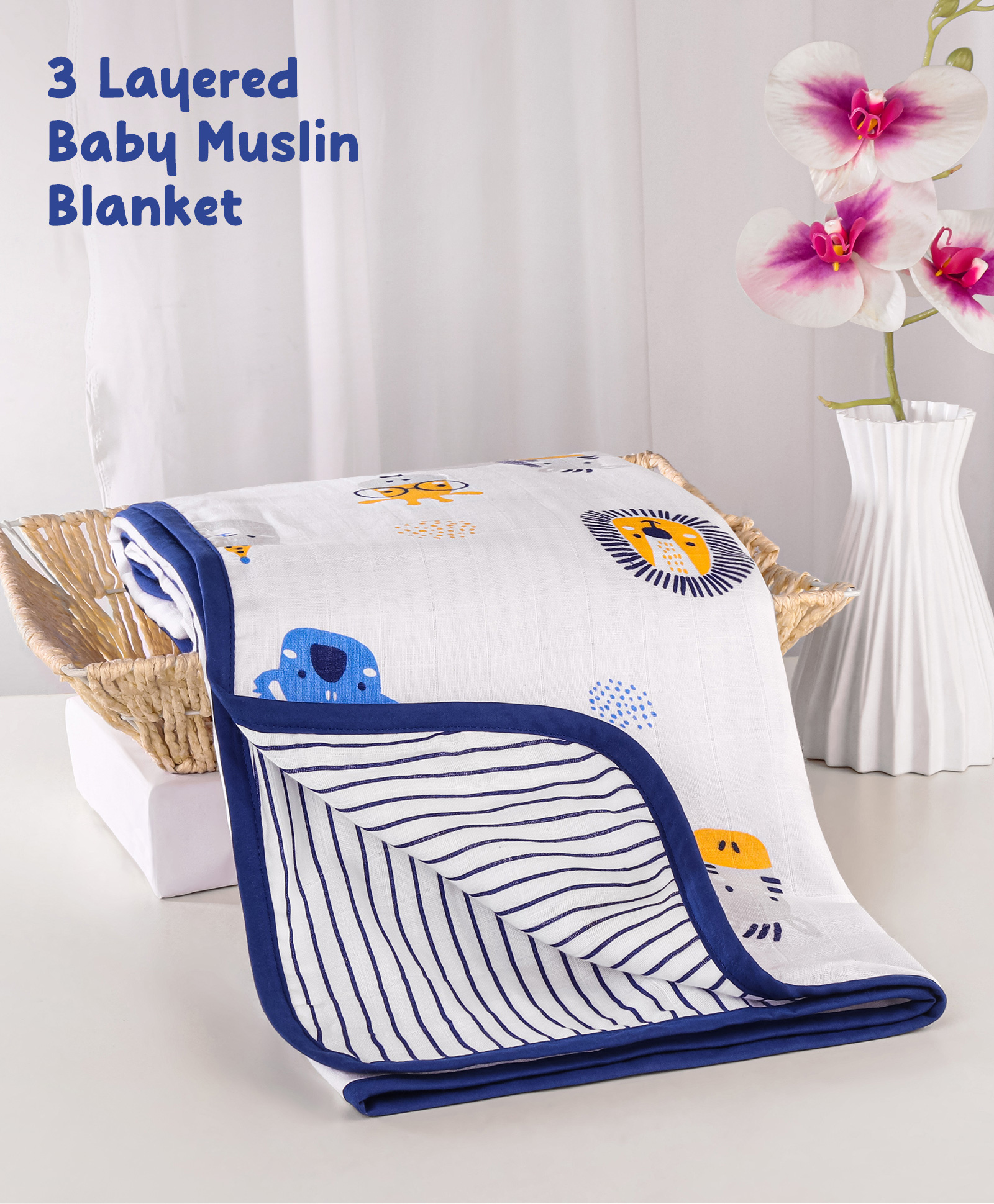 Zoe 3 Layered Baby Muslin Blanket With Space Print - White & Blue-image-42