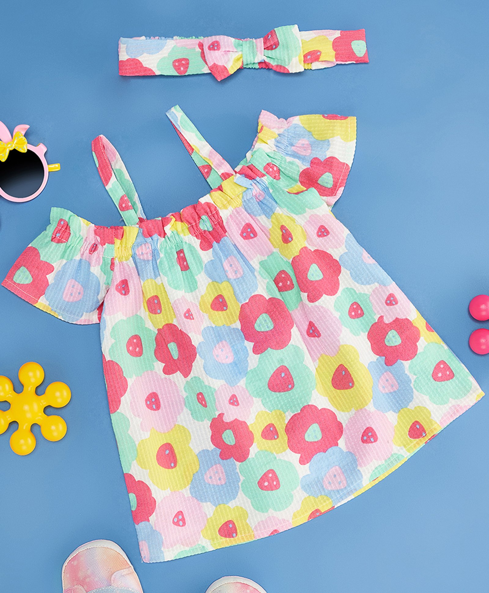 Pantaloons Baby Cotton Half Cold Shoulder Sleeves Floral Printed Top With Coordinating Headband Set - Multi Colour-picture-33