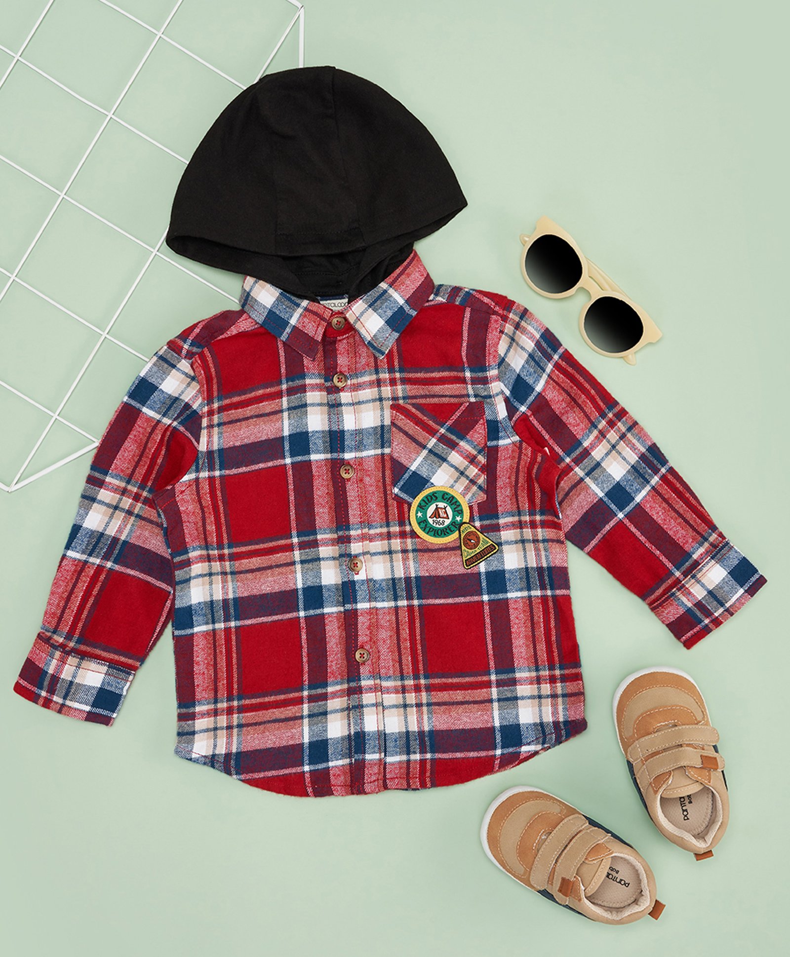 Pantaloons Baby Cotton Full Sleeves Kids Camp Text Patch Detailed Checked Hooded Shirt - Red-picture-11