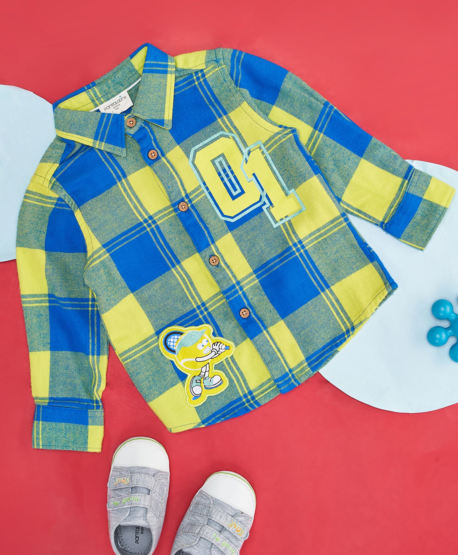 Pantaloons Baby Cotton Full Sleeves Cartoon Tennis Ball Patch Detailed Checked Shirt - Blue & Green-image-18