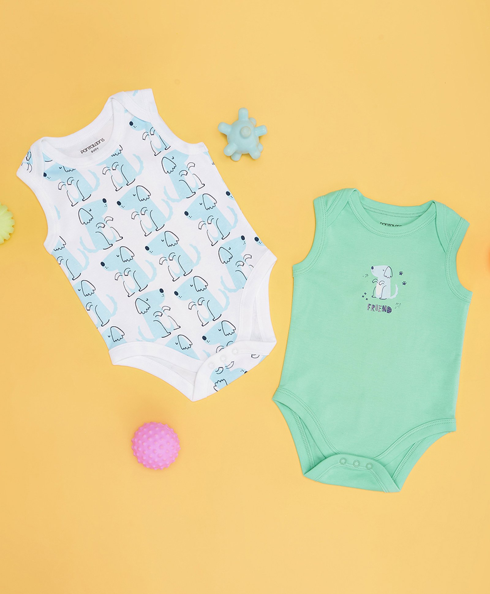 Pantaloons Baby Pack Of 2 Cotton Sleeveless Dog Printed Onesies - Multi Colour-image-12