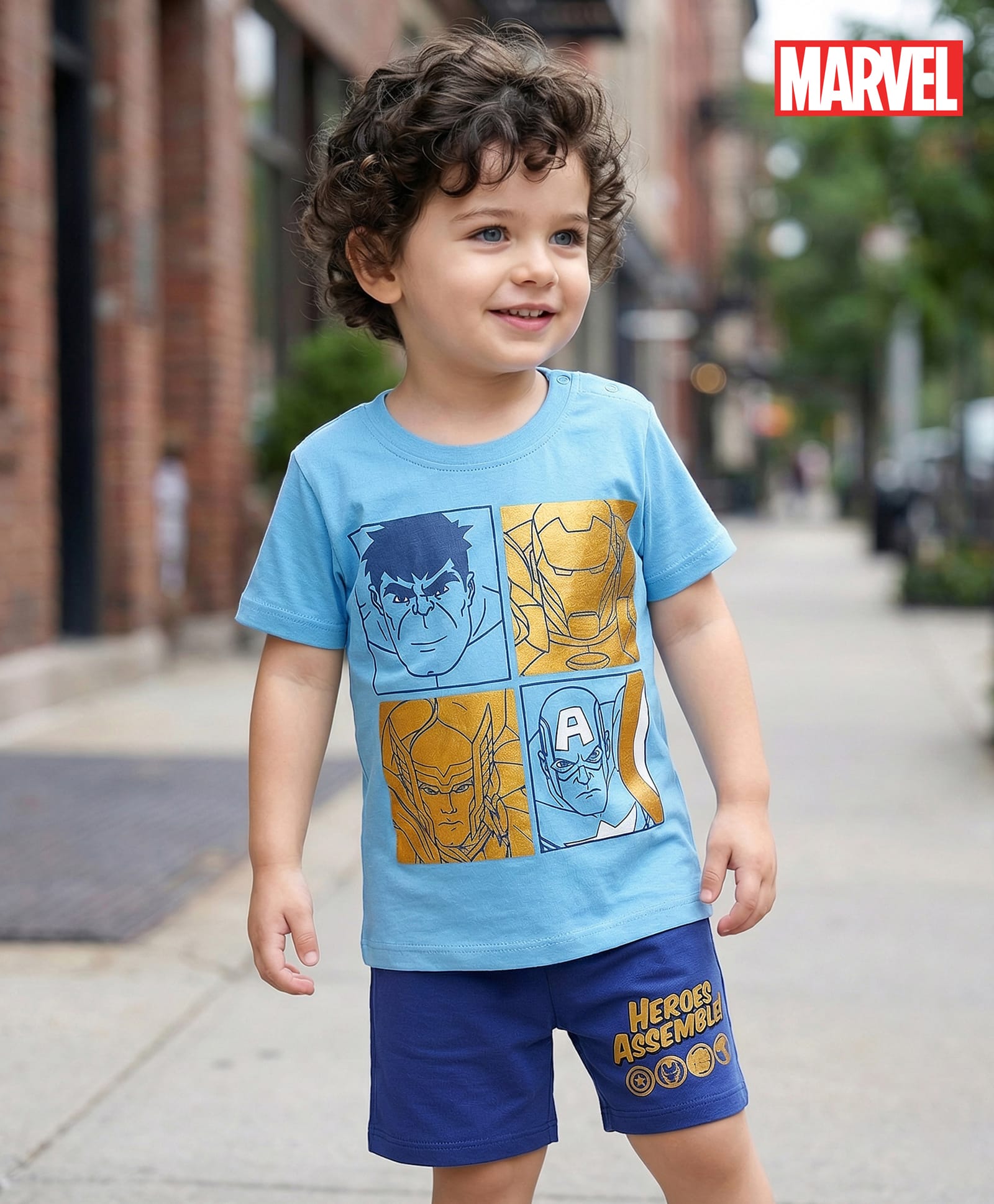 Babyhug Marvel Single Jersey Knit Half Sleeves T-Shirt & Shorts Set With Avengers Graphics & Gold Foil Detailing - Blue-picture-28