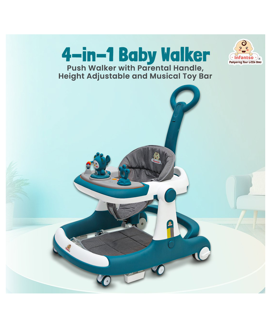 Infantso Teddy Steady 4-in-1 Baby Walker: Walker, Bouncer, Feeding Tray, & Push Toy - Adjustable Height & Speed - 6-24 Months - Green