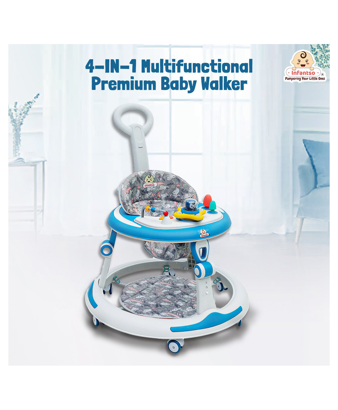 Infantso Sky high 4-in-1 Multifunctional Premium Baby Walker with 3 Level height adjustment and 3 level cushion seat adjustment - Walker, Bouncer, Feeding Table and Parental Push bar, 6 Months to 24 months - 15kgs- Blue-image-39