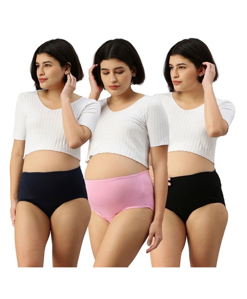 Morph Cotton Spandex Pack Of 3 Solid Maternity Hygiene Panties - Black Light Pink & Navy Blue-image-12