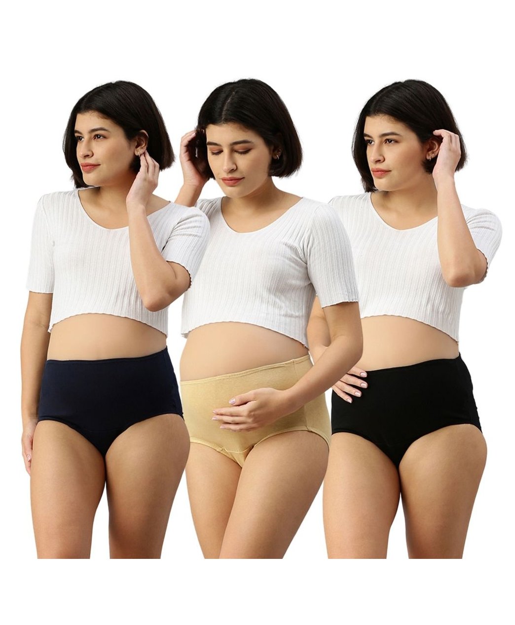 Morph Cotton Spandex Pack Of 3 Solid Maternity Hygiene Panties - Skin Black & Navy Blue-picture-28