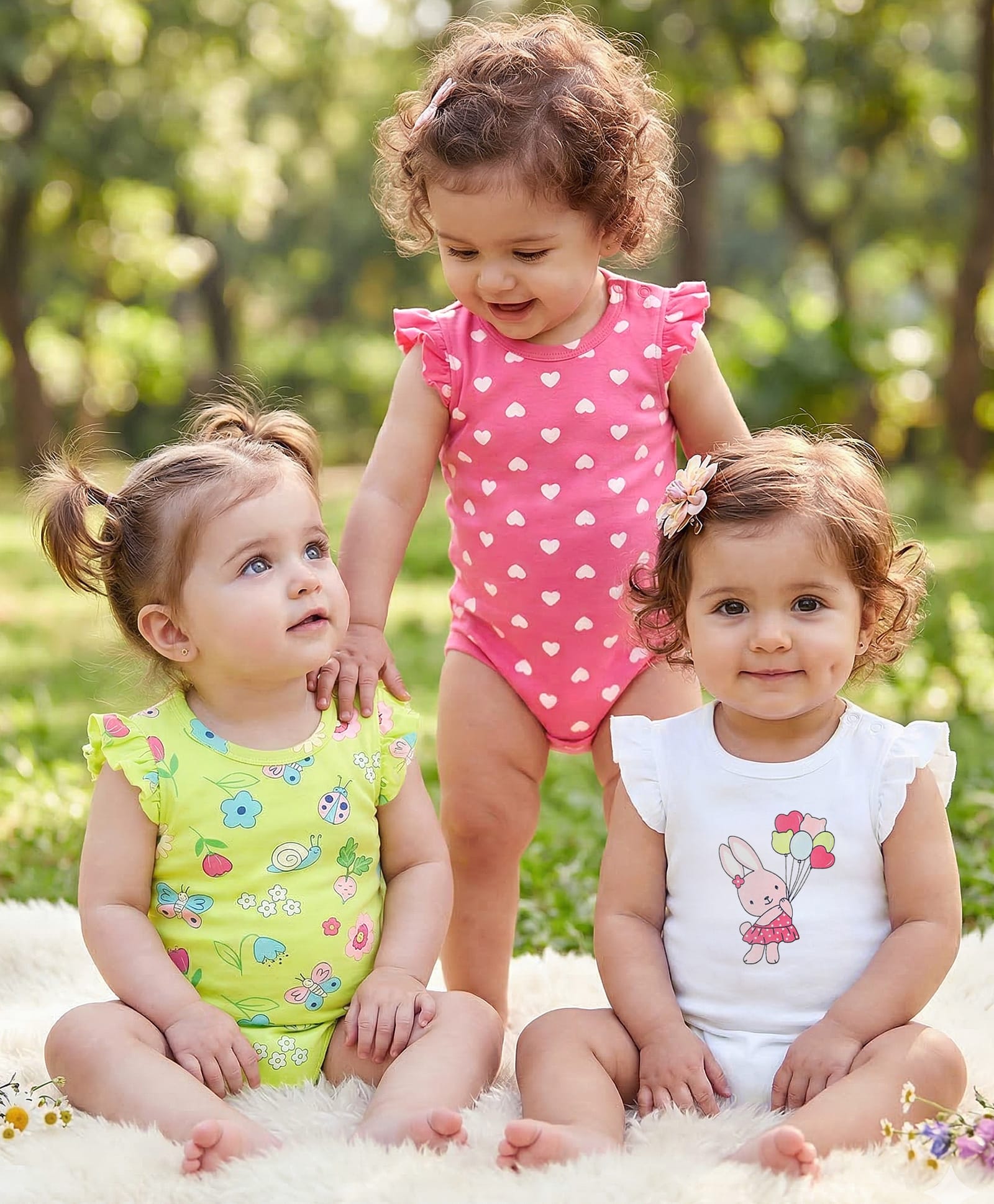 Babyoye 100% Cotton Knit Frill Sleeves Eco Jiva Finish Onesies with Hearts Floral & Bunny Print Pack of 3 - Dark Pink White & Light Green-picture-28