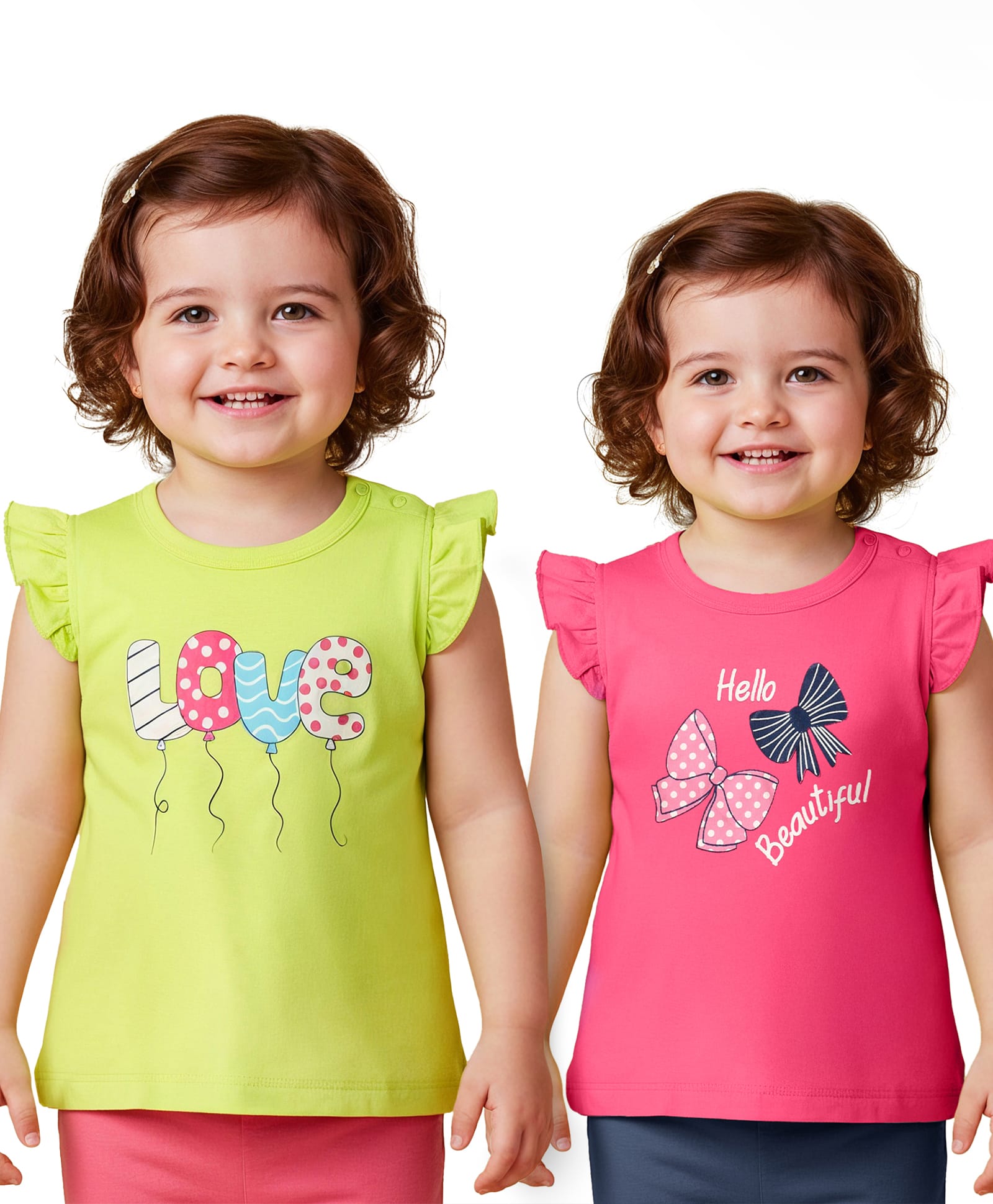 Babyoye 100% Cotton Knit with Eco Jiva Finish Frill Sleeves T-Shirt with Text Balloon & Bow Print Pack of 2 - Dark Pink & Light Green-image-12
