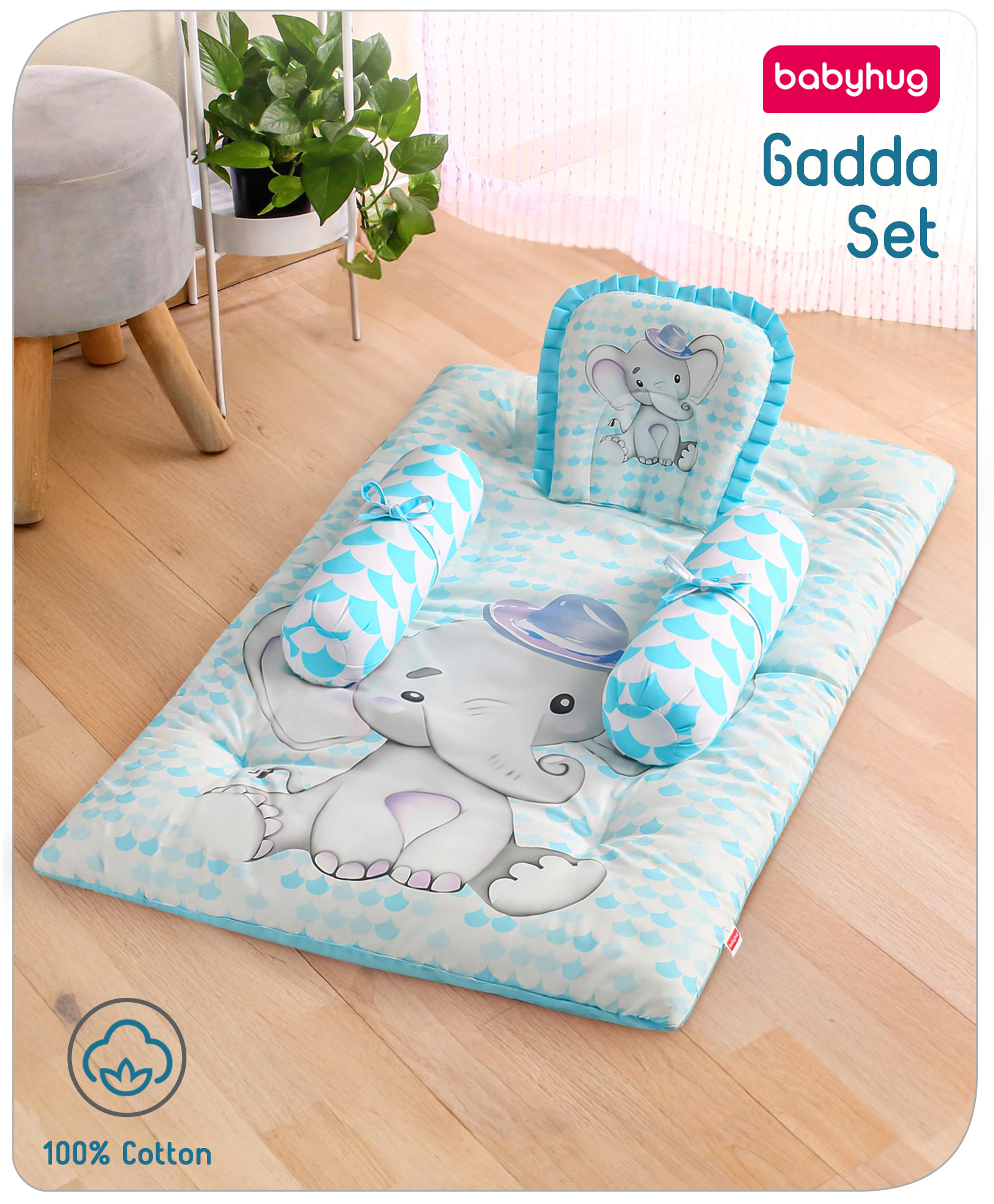 Babyhug 100% Cotton Digital Print Bedding Set Elephant Print - Blue-image-44