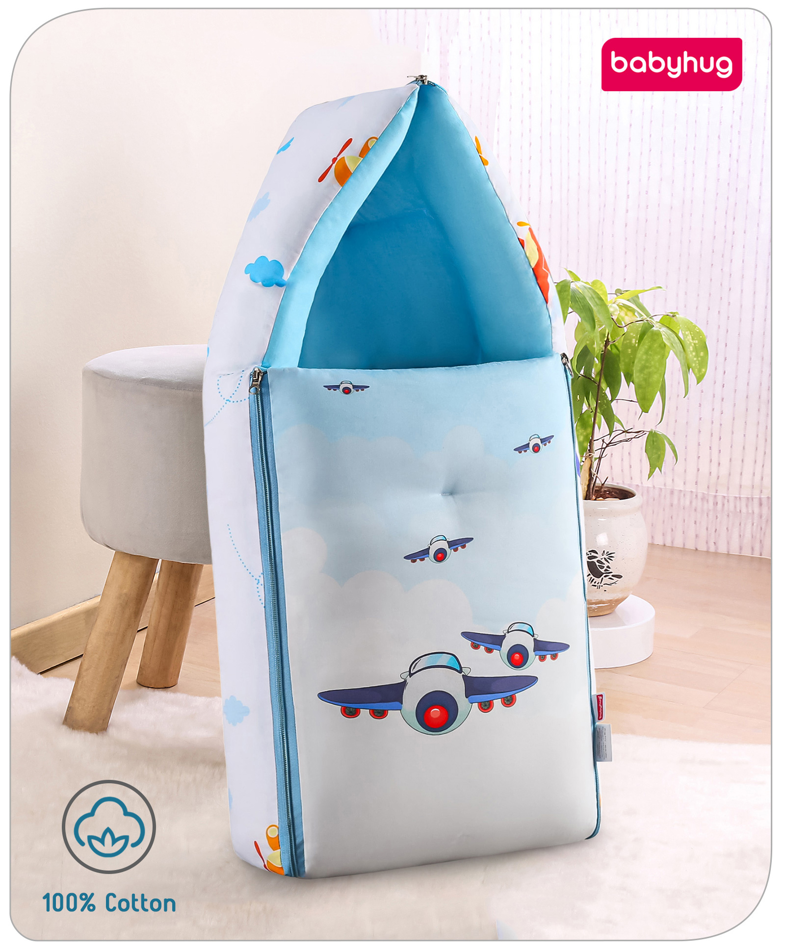 Babyhug 100% Cotton Digital Print Sleeping Bag Aeroplane Theme - White-image-27