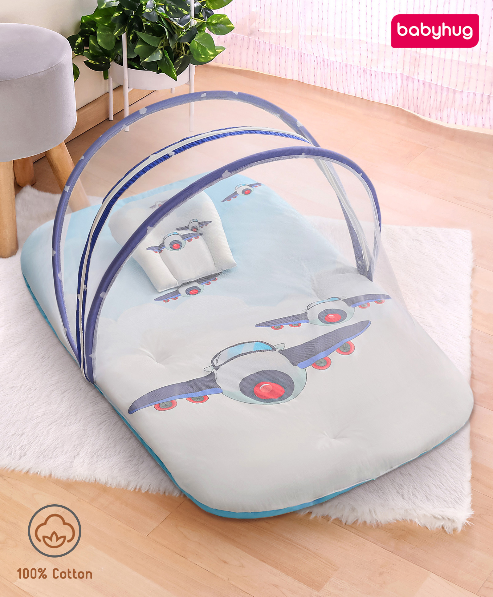 Babyhug 100% Cotton Digital Print Mattress Set with Mosquito Net Aeroplane Theme - White-image-37